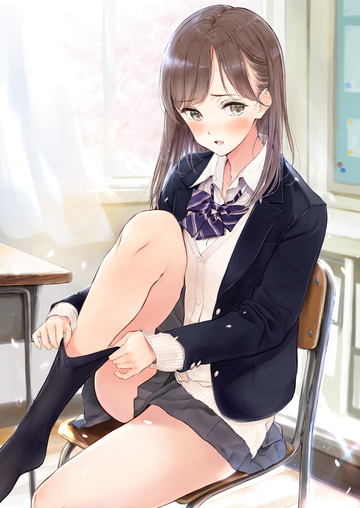 fujita hidetoshi, original, commentary request, 1girl, black jacket, black socks, blush, bow, brown eyes, brown hair, cardigan, chair, collared shirt, curtains, day, desk, diagonal-striped bow, dress shirt, dressing, flower, grey skirt, indoors, jacket, knee up, long hair, long sleeves, looking at viewer, no shoes, on chair, open clothes, open jacket, parted lips, petals, pink flower, pleated skirt, purple bow, school chair, school desk, school uniform, shirt, skirt, socks, solo, striped bow, transparent, white cardigan, white shirt, window