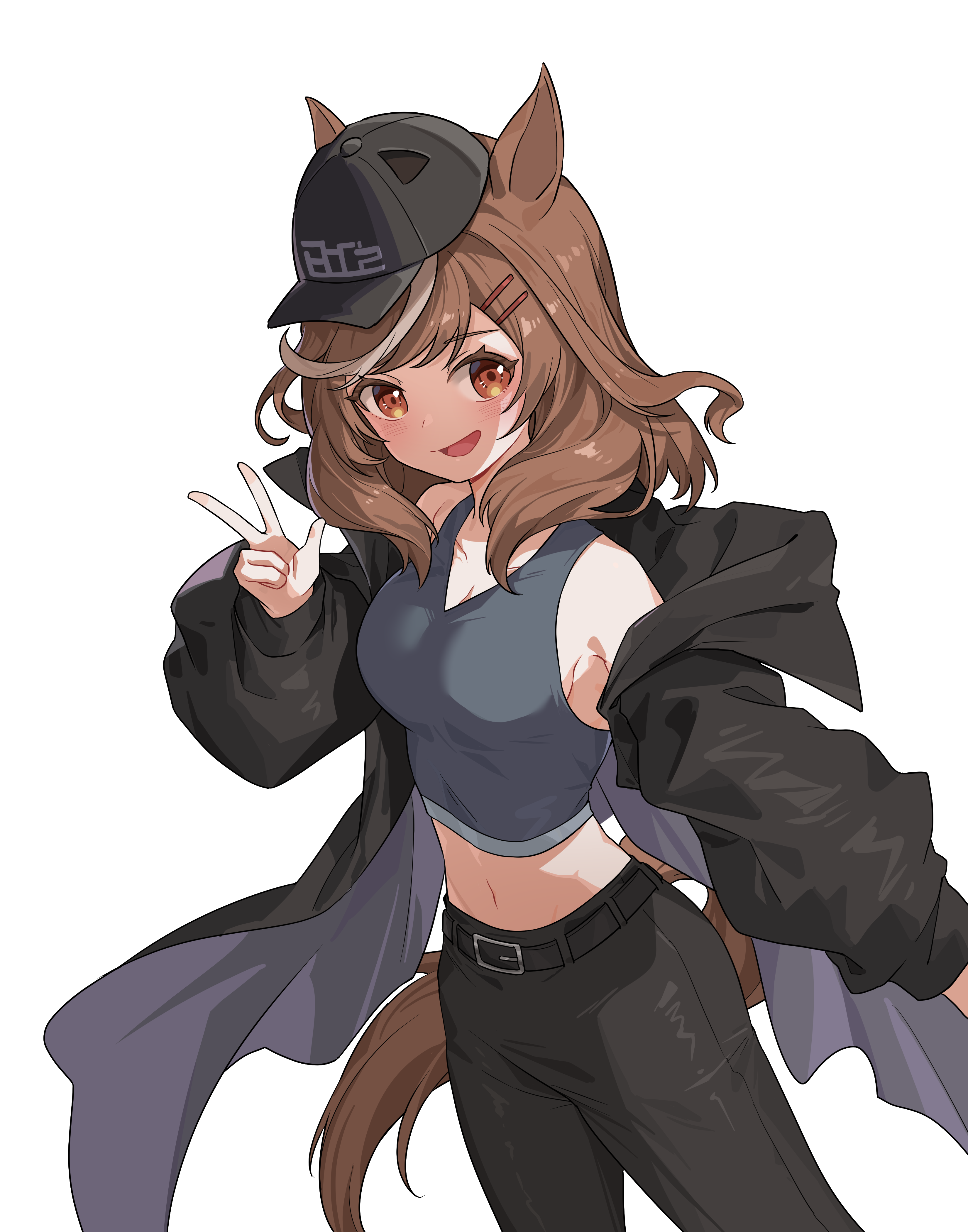 yzj21333, matikanetannhauser (boc'z) (umamusume), matikanetannhauser (umamusume), umamusume, absurdres, highres, 1girl, animal ears, bare shoulders, baseball cap, belt, black belt, black jacket, black pants, blush, boc'z (umamusume), breasts, brown hair, collarbone, grey sports bra, grey tank top, hair ornament, hairclip, hat, horse ears, horse girl, horse tail, jacket, long hair, looking at viewer, medium breasts, medium hair, midriff, multicolored hair, navel, official alternate costume, open clothes, open jacket, open mouth, pants, simple background, smile, solo, sports bra, streaked hair, tail, tank top, w, white background