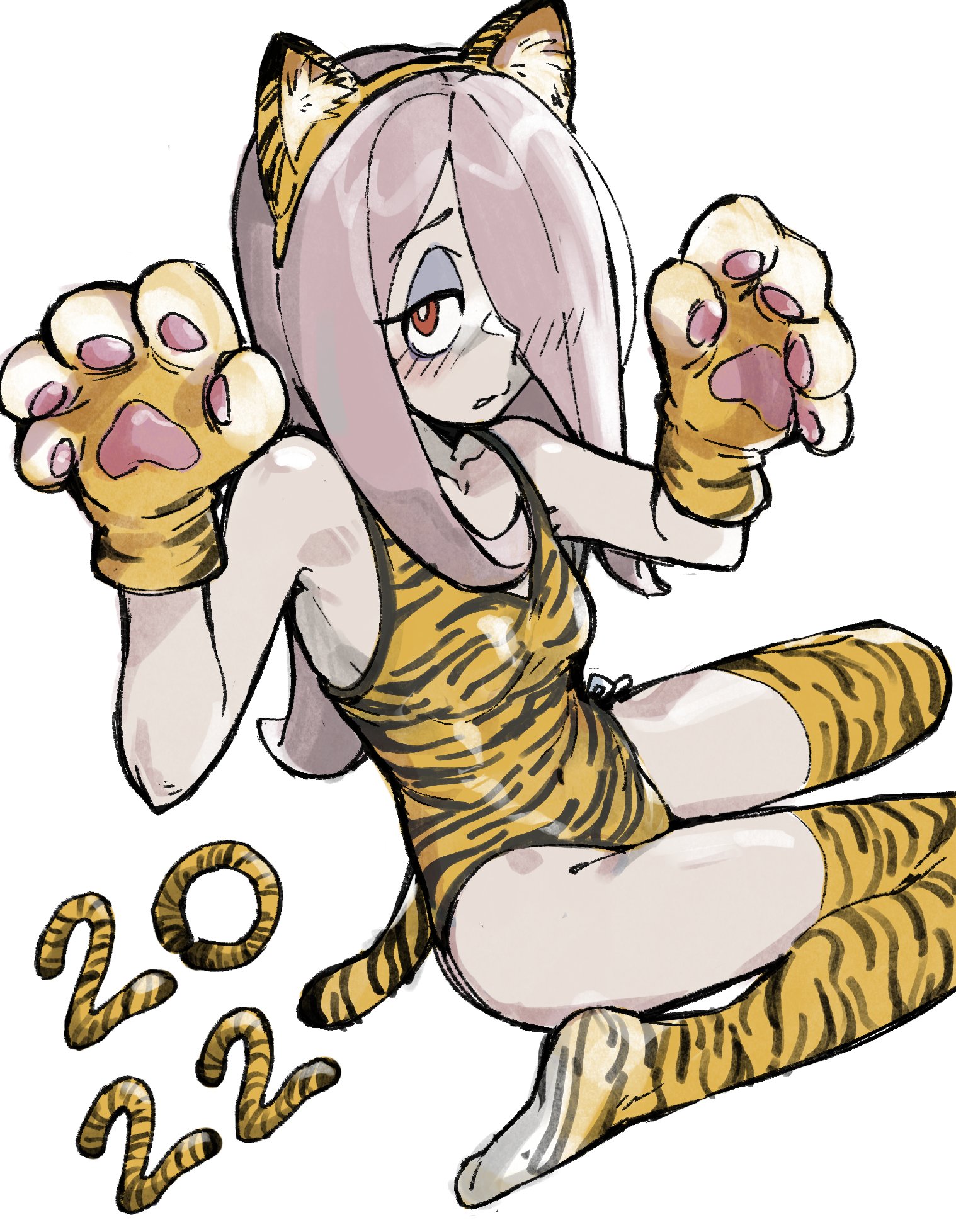 woogleboy, sucy manbavaran, little witch academia, commentary, english commentary, highres, 1girl, 2022, alternate costume, animal ear hairband, animal ears, animal hands, animal print, bags under eyes, bare shoulders, blush, breasts, brown hair, chinese zodiac, fake animal ears, full body, gloves, hair over one eye, hairband, half-closed eyes, hands up, leotard, long hair, looking at viewer, navel, one-piece swimsuit, pale skin, paw gloves, paw pose, red eyes, sitting, small breasts, solo, swimsuit, tail, thighhighs, tiger ears, tiger paws, tiger print, tiger stripes, tiger tail, wariza, year of the tiger