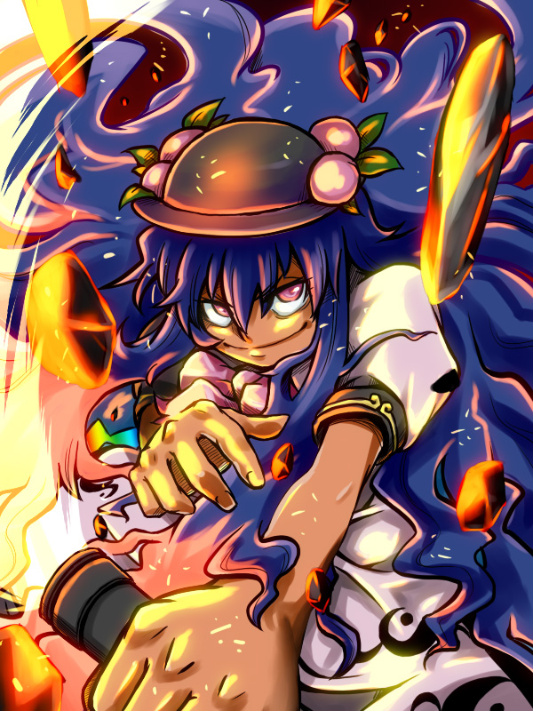 jimaken, hinanawi tenshi, touhou, bad id, bad pixiv id, 1girl, blue hair, female focus, food, fruit, hat, long hair, peach, red eyes, solo, sword, sword of hisou, weapon