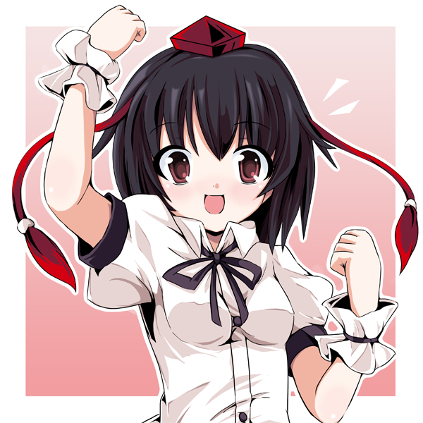 fa no hito, shameimaru aya, touhou, bad id, bad pixiv id, 1girl, black hair, breasts, female focus, gradient background, hat, open mouth, short hair, smile, solo, tokin hat