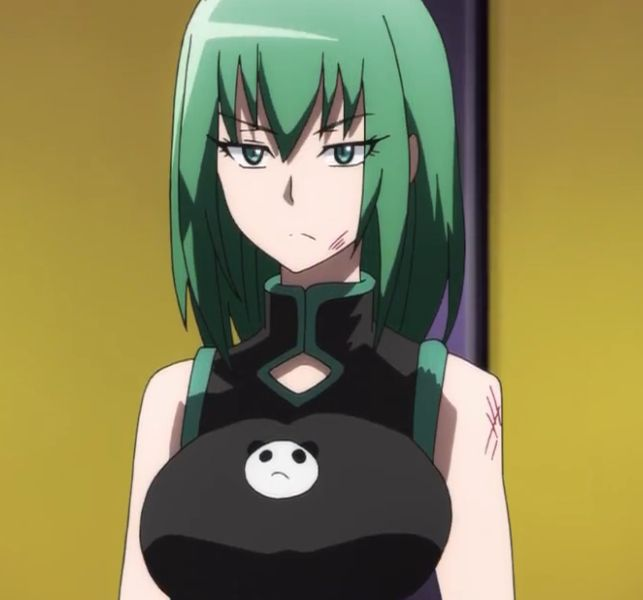 satohiko sano, tao jun, shaman king, anime screenshot, non-web source, official art, 1girl, annoyed, battle damage, breasts, china dress, chinese clothes, dress, green eyes, green hair, hair down, large breasts, solo, straight hair