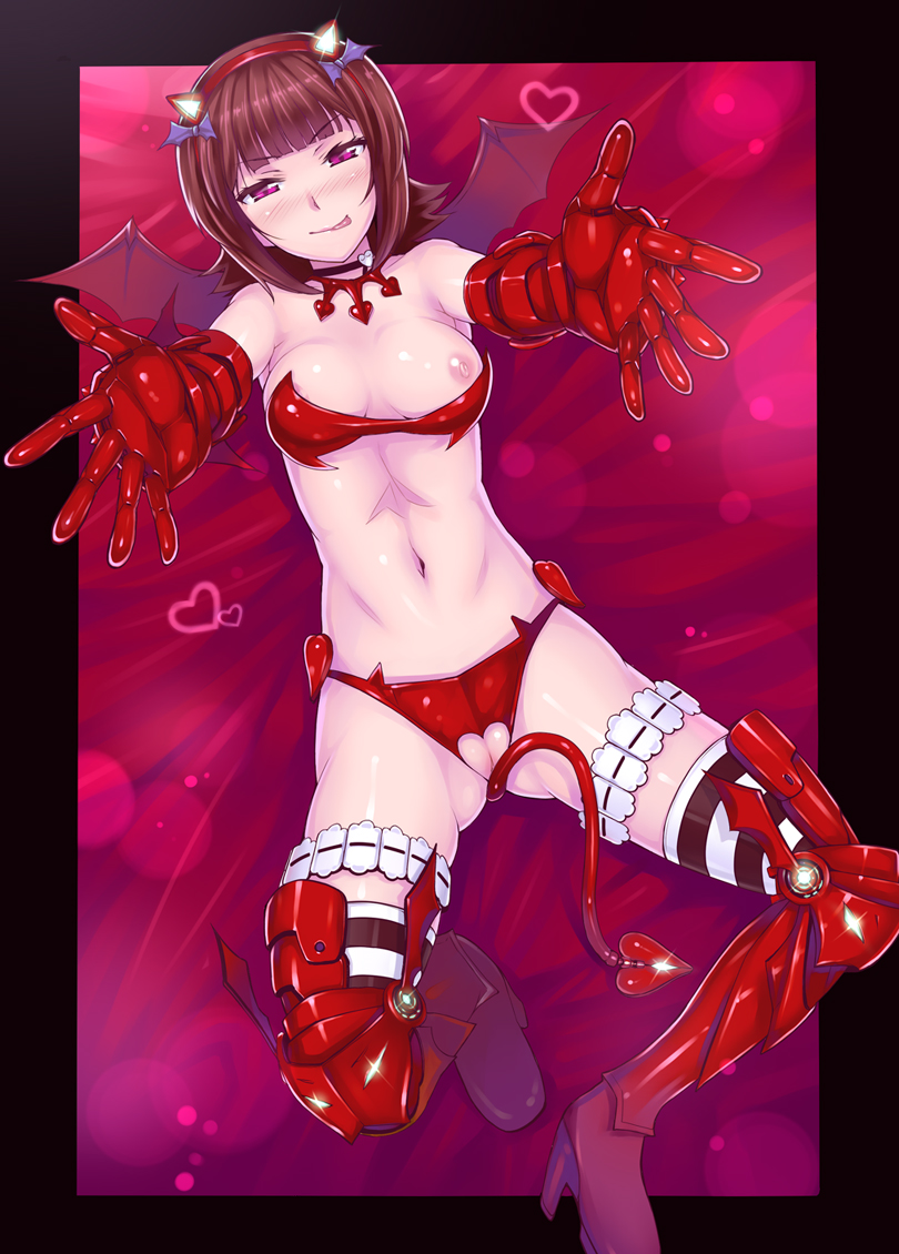hidebou, amami haruka, idolmaster, idolmaster (classic), 00s, 1girl, bat wings, breasts, cleft of venus, clothing cutout, crotch cutout, crotchless, crotchless panties, elbow gloves, female focus, gloves, heart, heart cutout, incoming hug, looking at viewer, naughty face, nightmare blood, nipples, outstretched arms, outstretched hand, panties, pussy, pussy peek, solo, thighhighs, uncensored, underwear, wings