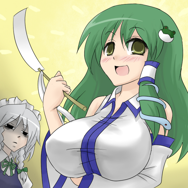 oro (zetsubou girl), zetsubou girl, izayoi sakuya, kochiya sanae, touhou, 2girls, bags under eyes, blush, braid, breast envy, breasts, detached sleeves, empty eyes, female focus, frog, gohei, green hair, hair ornament, japanese clothes, jealous, large breasts, long hair, looking at breasts, maid, miko, multiple girls, oonusa, shaded face, short hair, snake, twin braids
