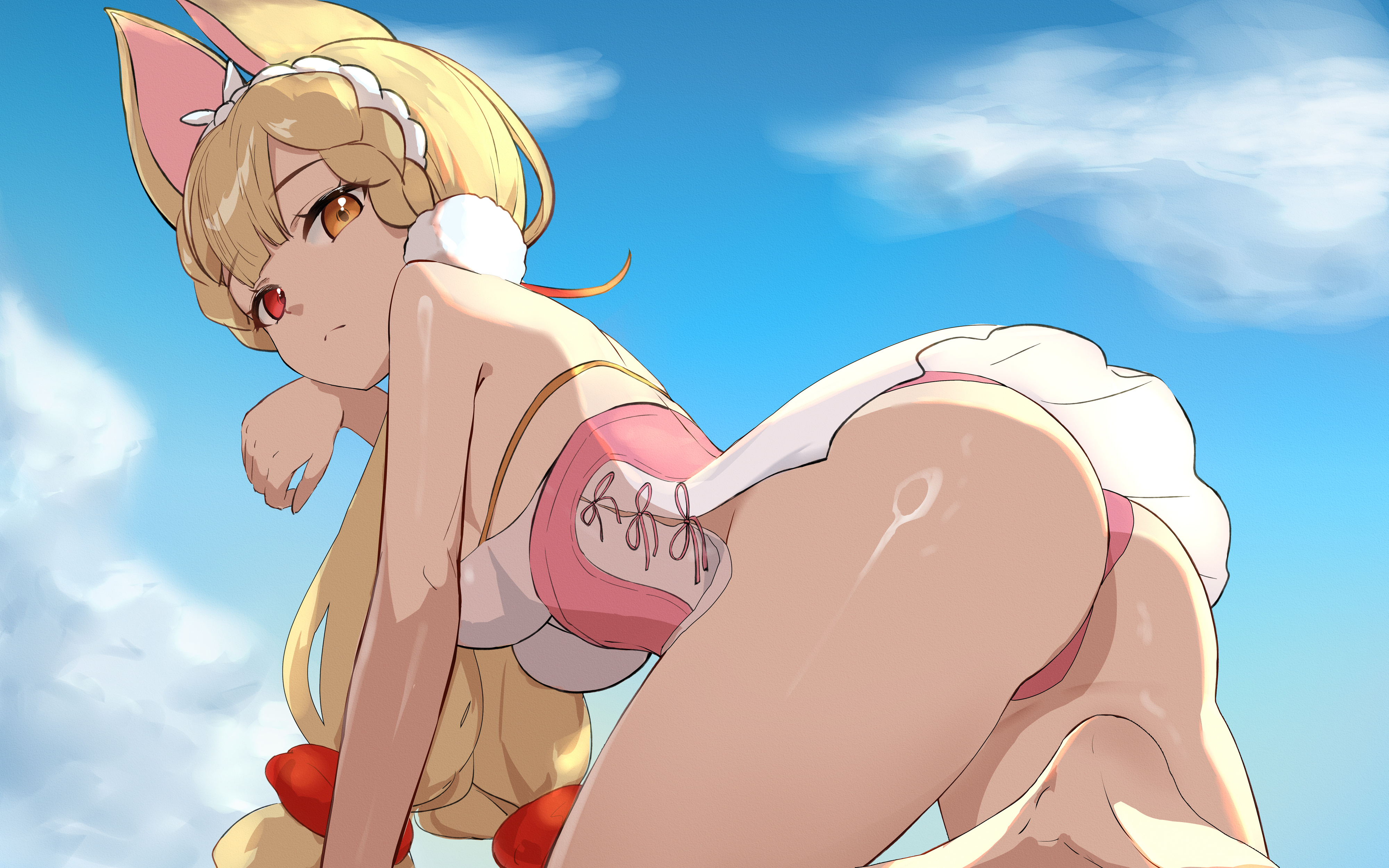 gmg (jiang35562897), alice thymefield, alice thymefield (sea of thyme), zenless zone zero, absurdres, commentary, highres, symbol-only commentary, 1girl, all fours, animal ears, ass, bare shoulders, barefoot, blonde hair, blue sky, breasts, closed mouth, cloud, dress swimsuit, from side, hair ornament, hairband, heterochromia, large breasts, long hair, looking at viewer, low twintails, official alternate costume, one-piece swimsuit, outdoors, rabbit ears, rabbit girl, red eyes, sky, solo, sphere hair ornament, swimsuit, twintails, two-tone one-piece swimsuit, white hairband, white one-piece swimsuit, yellow eyes