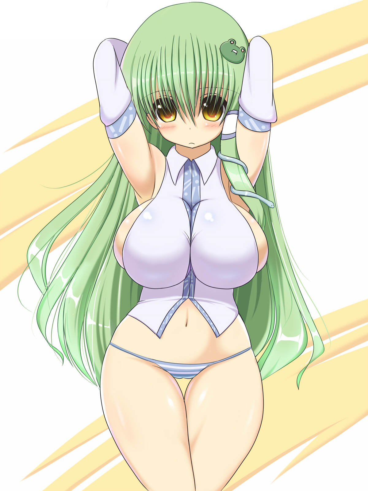 shuz (dodidu), kochiya sanae, touhou, highres, 1girl, armpits, arms behind head, arms up, blush, breasts, female focus, frog, green hair, hair ornament, hip focus, huge breasts, long hair, navel, panties, sideboob, solo, striped clothes, striped panties, thigh gap, thighs, underwear, wide hips