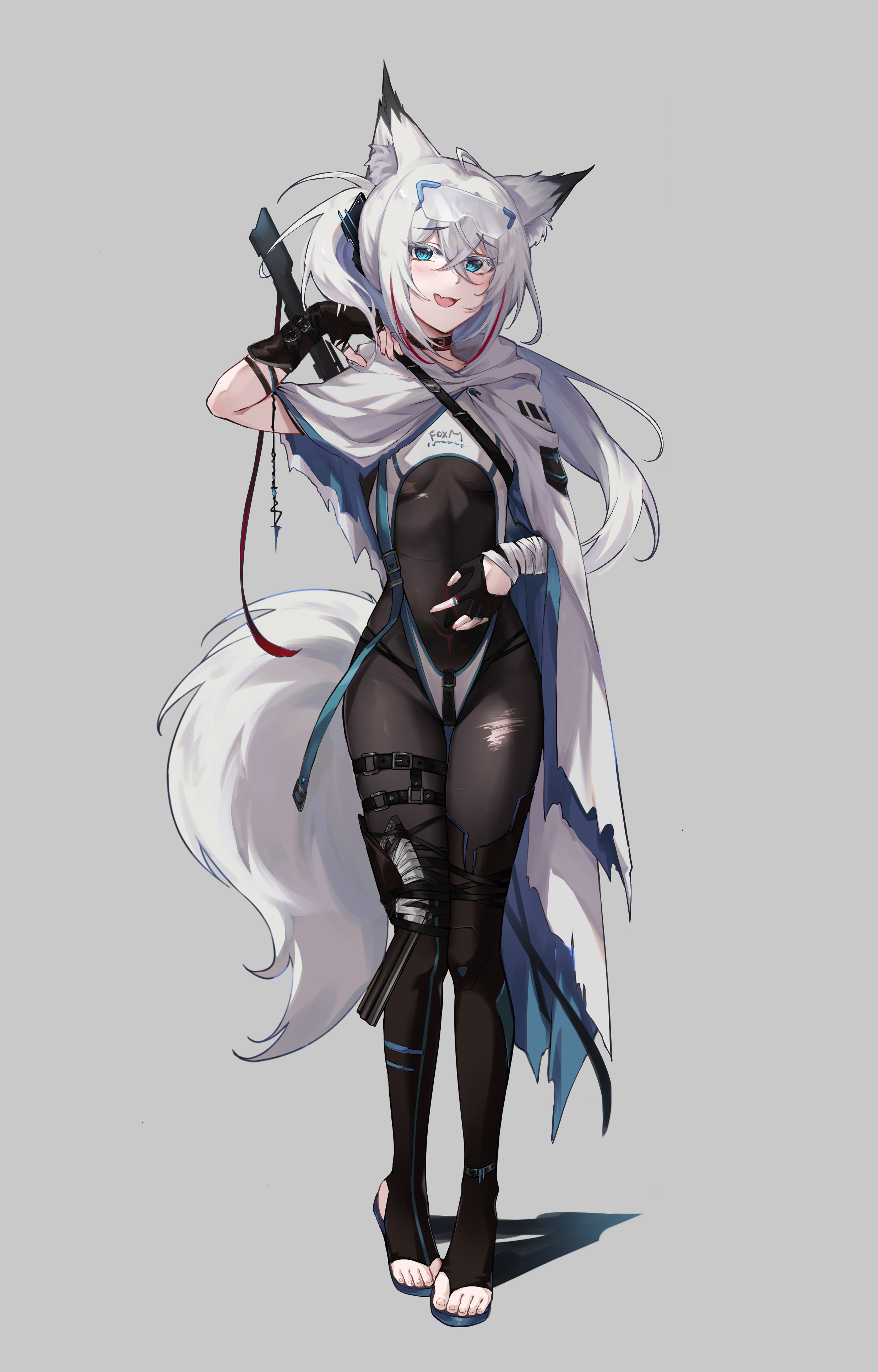 piuta, original, absurdres, commentary request, highres, 1girl, animal ear fluff, animal ears, asymmetrical gloves, bandaged arm, bandages, black gloves, blue eyes, bodystocking, breasts, cloak, colored eyelashes, fang, fingerless gloves, fox ears, fox girl, fox tail, full body, gloves, goggles, goggles on head, grey background, hair between eyes, hand up, leotard, long hair, looking at viewer, mismatched gloves, one side up, open mouth, shadow, simple background, small breasts, solo, standing, tail, torn clothes, very long hair, white cloak, white leotard