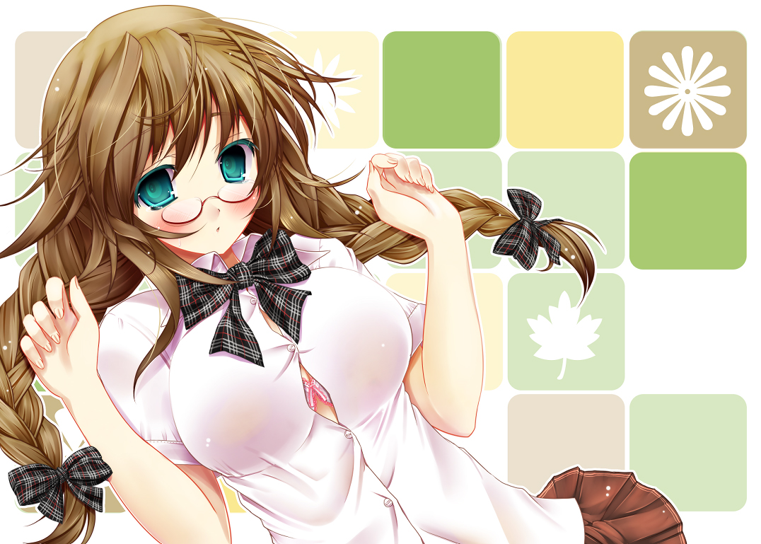 scarlet (studioscr), original, bad id, bad pixiv id, 1girl, black bow, black bowtie, blouse, blue eyes, bow, bowtie, bra, braid, breasts, brown hair, collared shirt, colored eyelashes, female focus, glasses, green eyes, hair between eyes, lingerie, miniskirt, outline, plaid bow, plaid bowtie, plaid clothes, shirt, skirt, solo, twin braids, twintails, underwear, white outline, white shirt
