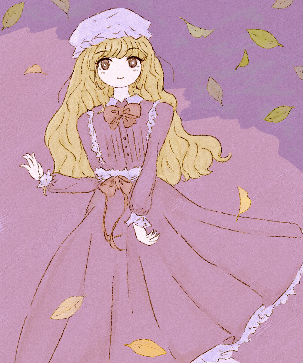 maribel hearn, touhou, highres, 1girl, blonde hair, blush, bow, bowtie, buttons, closed mouth, collared dress, contrast collar, dress, falling leaves, frilled dress, frills, fushianatan, hat, leaf, long dress, long hair, long sleeves, mob cap, purple background, purple dress, purple eyes, red bow, red bowtie, sash, smile, solo, standing, two-tone background, wavy hair, white hat, white sash
