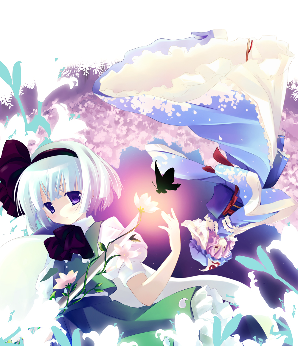 natsume eri, konpaku youmu, konpaku youmu (ghost), saigyouji yuyuko, touhou, 2girls, bug, butterfly, female focus, flower, flying, ghost, glowing, hairband, hat, hitodama, insect, katana, multiple girls, pink hair, purple eyes, short hair, sword, upside-down, weapon, white hair