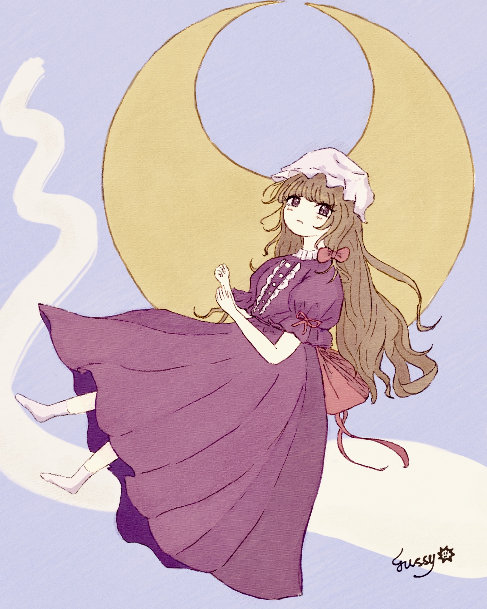 maribel hearn, touhou, highres, 1girl, blonde hair, blue background, bow, buttons, closed mouth, crescent, dress, frills, frown, fushianatan, hat, hat bow, long dress, long hair, mob cap, pink bow, pink ribbon, pink sash, puffy short sleeves, puffy sleeves, purple dress, purple eyes, ribbon, sash, short sleeves, signature, sleeve ribbon, socks, solo, white hat, white socks