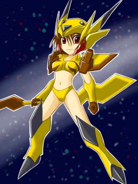 pikachu, nintendo, pokemon, tekkaman blade, 1990s (style), 1girl, brown hair, female focus, gen 1 pokemon, mecha musume, parody, pokemon (creature), retro artstyle, solo