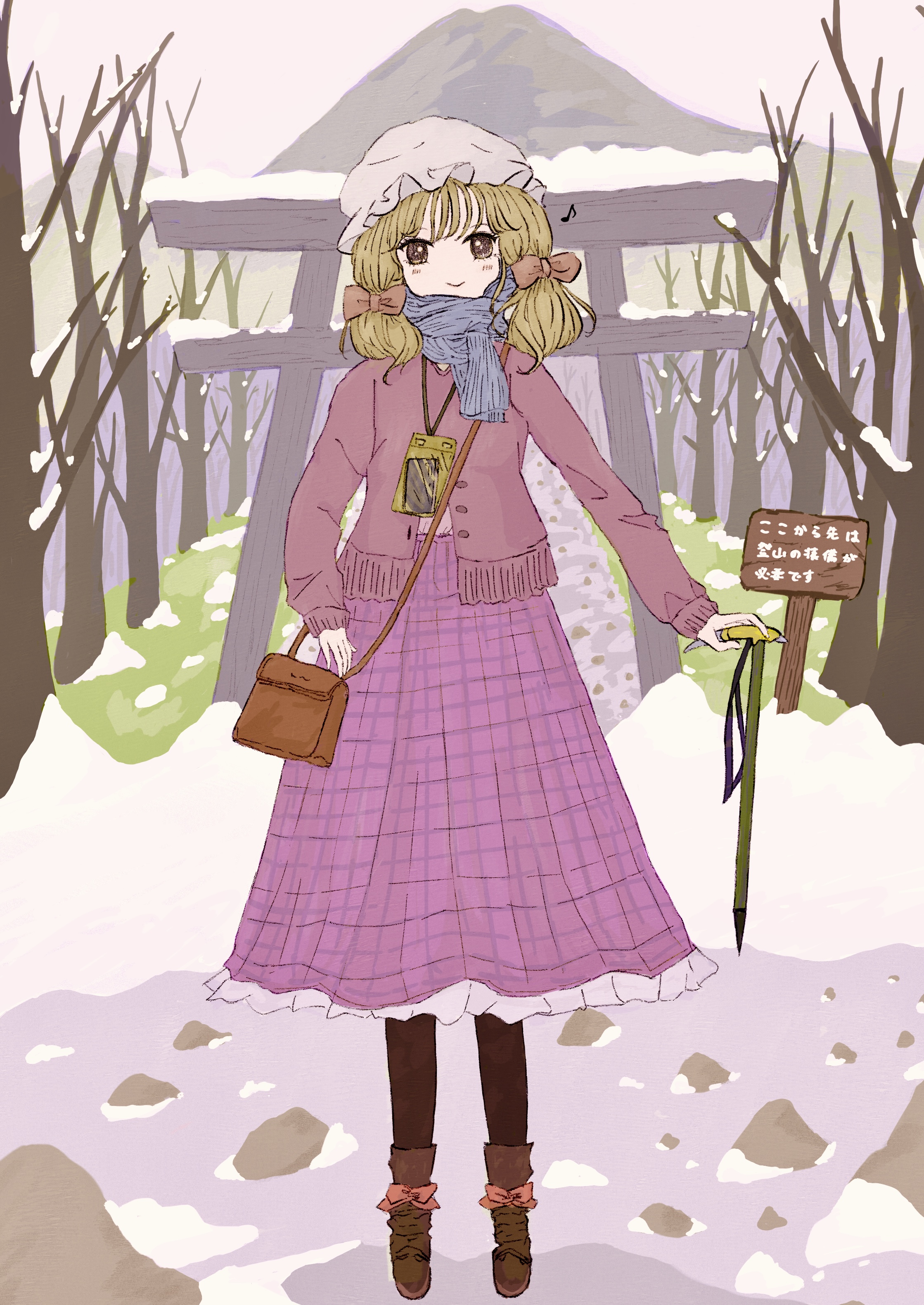 maribel hearn, touhou, absurdres, highres, translation request, 1girl, bag, bare tree, blue scarf, boots, bow, brown boots, brown pantyhose, camera, closed mouth, footwear bow, frilled skirt, frills, fushianatan, hair bow, hat, long sleeves, mob cap, mountain, musical note, pantyhose, purple bow, purple skirt, purple sweater, scarf, short hair, skirt, smile, snow, solo, spoken musical note, sweater, torii, tree, twintails, white hat, winter, winter clothes