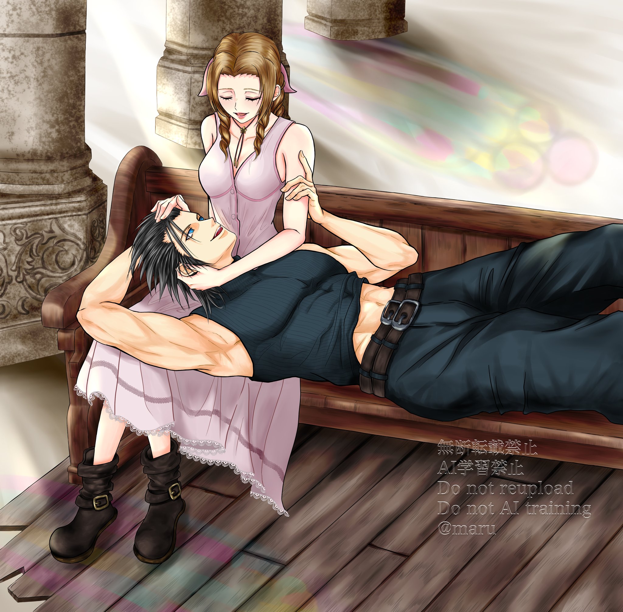 marumaruru5, aerith gainsborough, zack fair, crisis core: final fantasy vii, final fantasy, final fantasy vii, final fantasy vii remake, commentary request, highres, 1boy, 1girl, arm behind head, armpits, bare arms, bare shoulders, belt, belt buckle, bench, black hair, blue eyes, blue pants, blue sweater, boots, breasts, brown boots, brown hair, buckle, choker, church, closed eyes, collarbone, couple, dress, drill hair, drill sidelocks, feet out of frame, hair ribbon, hand on another's arm, hands on another's head, hetero, indoors, lap pillow, long hair, looking at another, lying, medium breasts, midriff peek, multiple belts, on back, on bench, open mouth, pants, parted bangs, pillar, pink dress, pink ribbon, ribbon, sidelocks, sitting, sleeveless, sleeveless dress, sleeveless turtleneck, spiked hair, sweater, turtleneck, turtleneck sweater, wooden floor