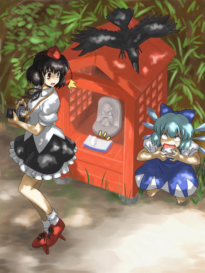 satsuki hare shin, satsuki harunobu, cirno, shameimaru aya, touhou, bad id, bad pixiv id, 2girls, bird, camera, crow, eating, food, geta, jizou, multiple girls, onigiri, religious offering, shrine, tengu-geta