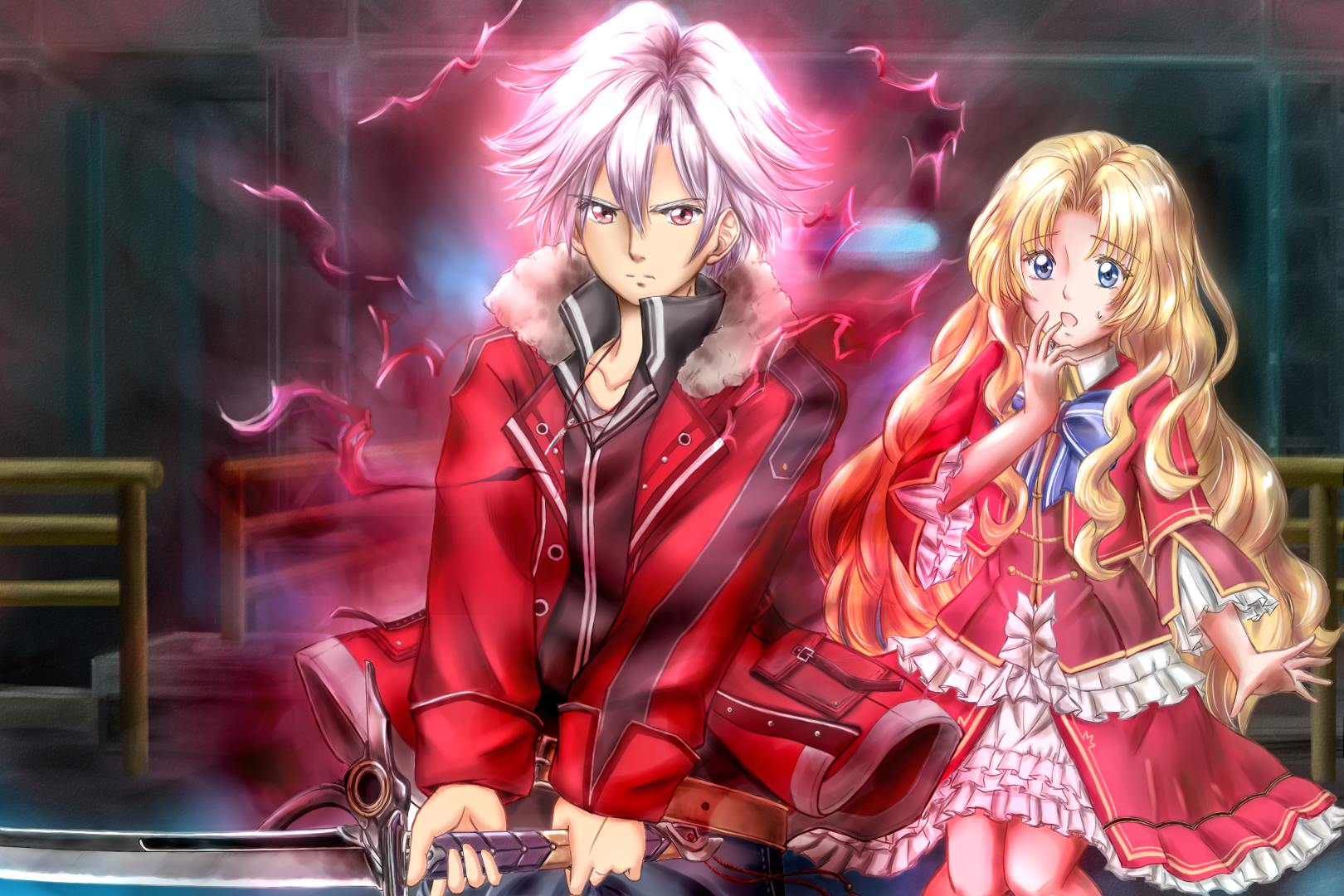 alfin reise arnor, rean schwarzer, eiyuu densetsu, sen no kiseki (series), commentary request, highres, 1boy, 1girl, aura, blonde hair, blue eyes, captured, coat, dark aura, holding, holding sword, holding weapon, katana, long hair, official alternate eye color, official alternate hair color, school uniform, st. astraia's school uniform, surprised, sword, weapon, you george24