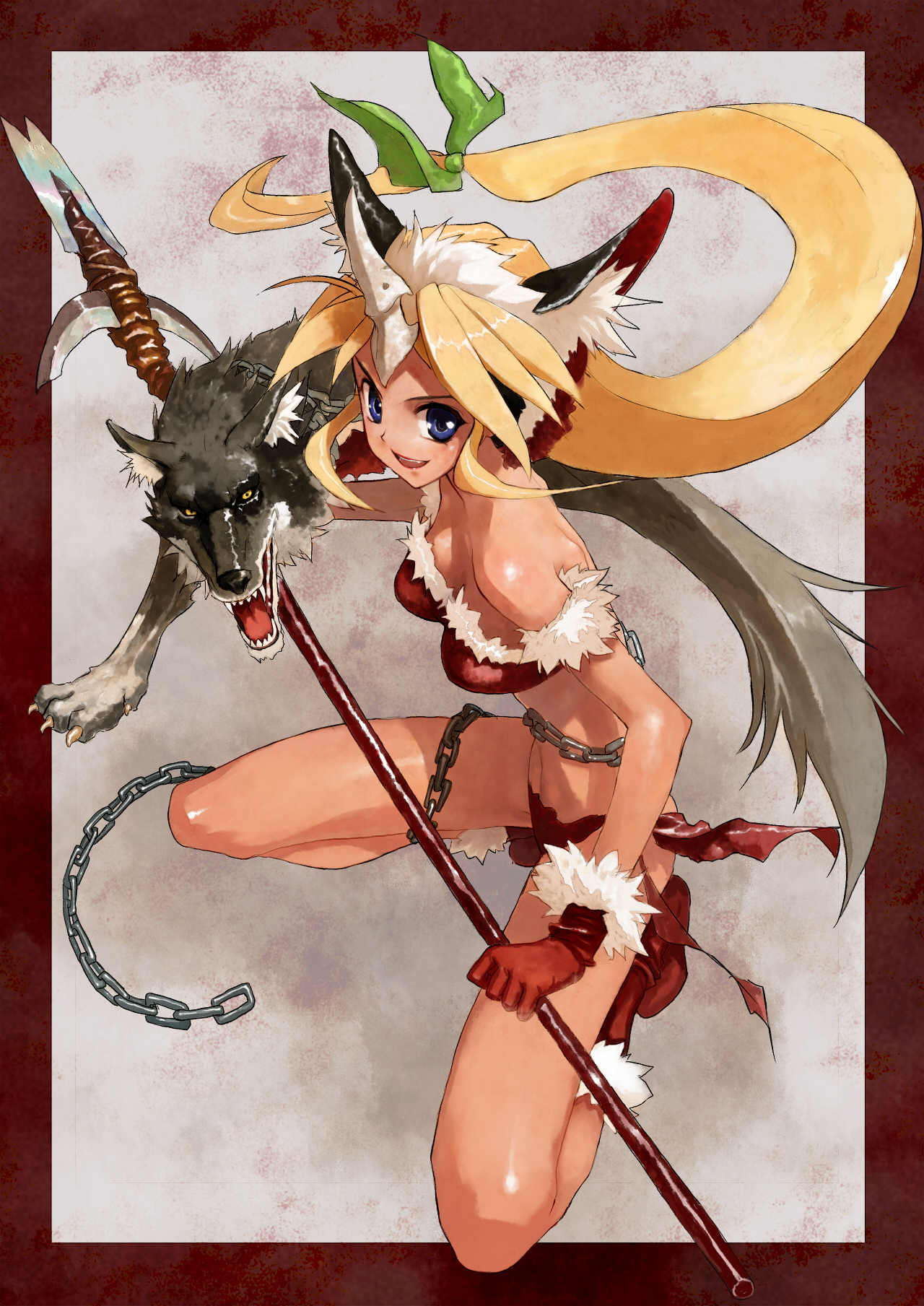 bob (biyonbiyon), fenrir knight, riesz, seiken densetsu, seiken densetsu 3, highres, 1girl, animal ears, blonde hair, chain, female focus, horns, long hair, low-tied long hair, polearm, ponytail, single horn, solo, spear, tan, weapon, wolf, wolf ears