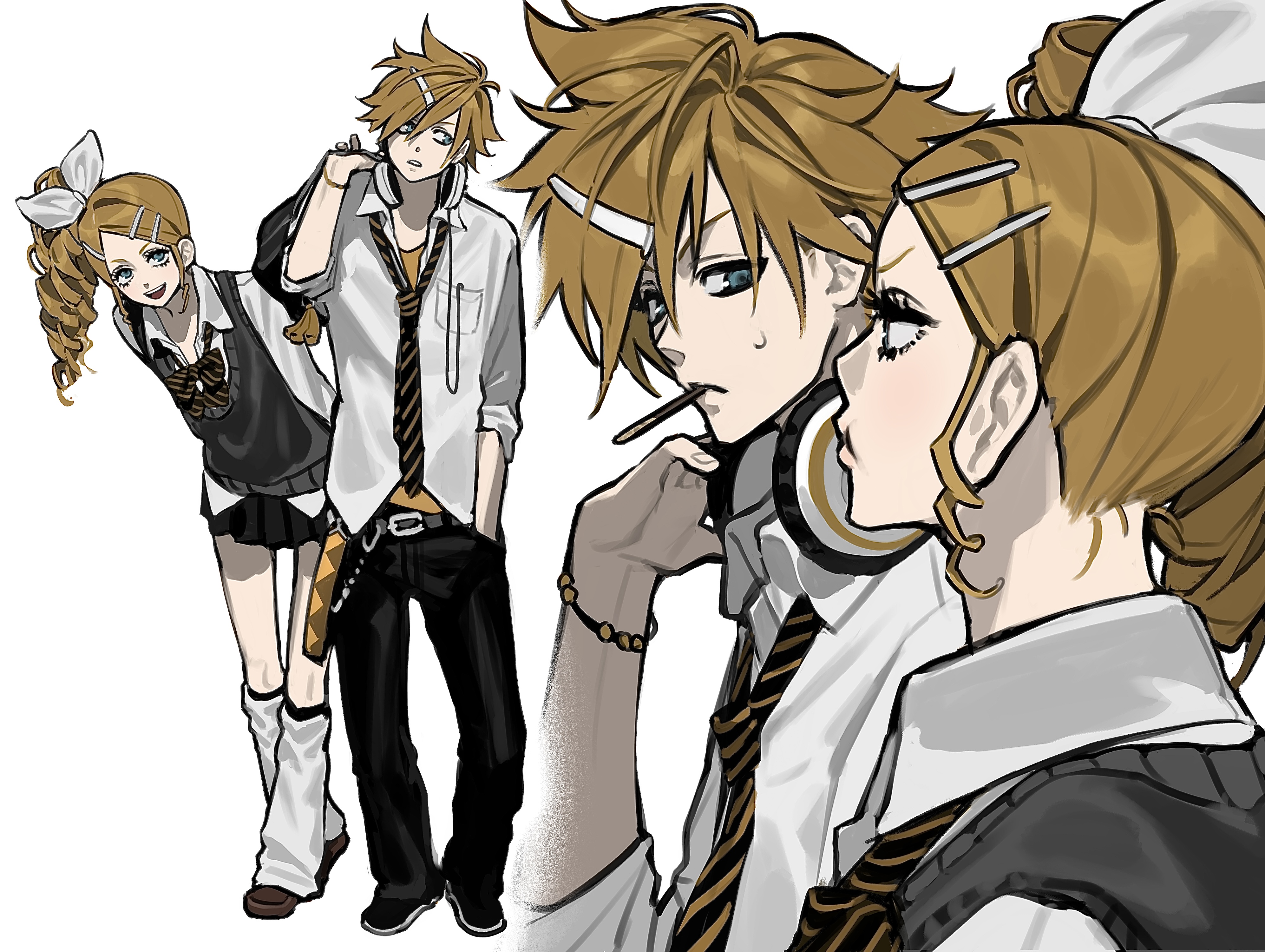 ma0ma0 0, kagamine len, kagamine rin, vocaloid, absurdres, commentary request, highres, 1boy, 1girl, blonde hair, blue eyes, drill hair, food, gyaru, hair ornament, hairclip, hand in pocket, headphones, headphones around neck, loose socks, mouth hold, necktie, pocky, school uniform, short hair, side ponytail, socks, white background