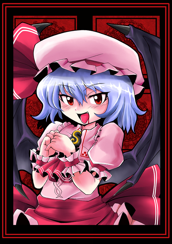 zuru, remilia scarlet, touhou, bad id, bad pixiv id, 1girl, bat wings, blood, blue hair, fang, fangs, female focus, hat, red eyes, short hair, solo, standing, wings