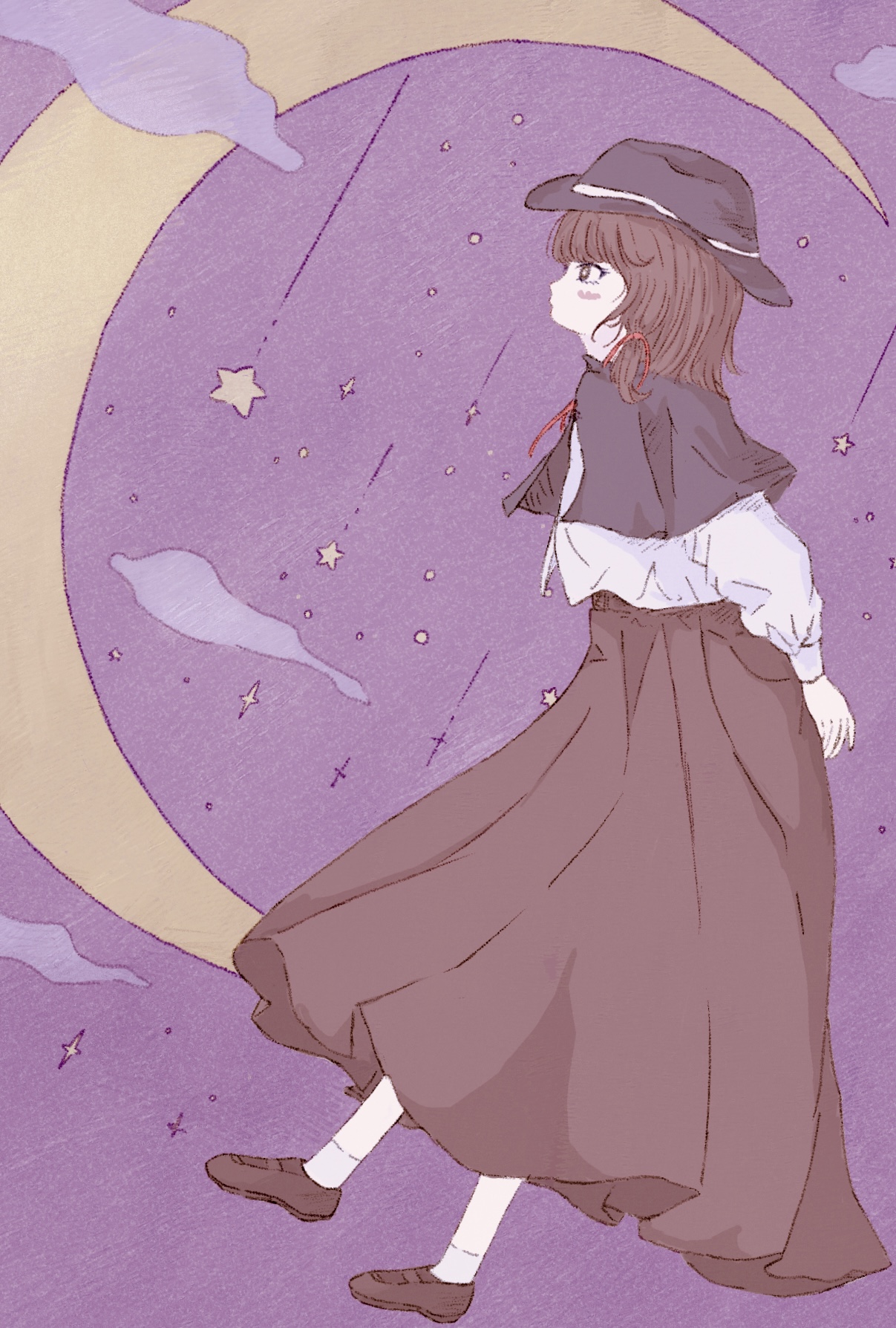 usami renko, touhou, highres, 1girl, arms behind back, black capelet, black hat, black skirt, blush, brown eyes, brown hair, brown shoes, capelet, closed mouth, cloud, crescent, fushianatan, hair ribbon, hat, long skirt, long sleeves, puffy sleeves, purple background, red ribbon, ribbon, shirt, shoes, short hair, skirt, sleeve cuffs, socks, solo, sparkle, star (symbol), white shirt, white socks