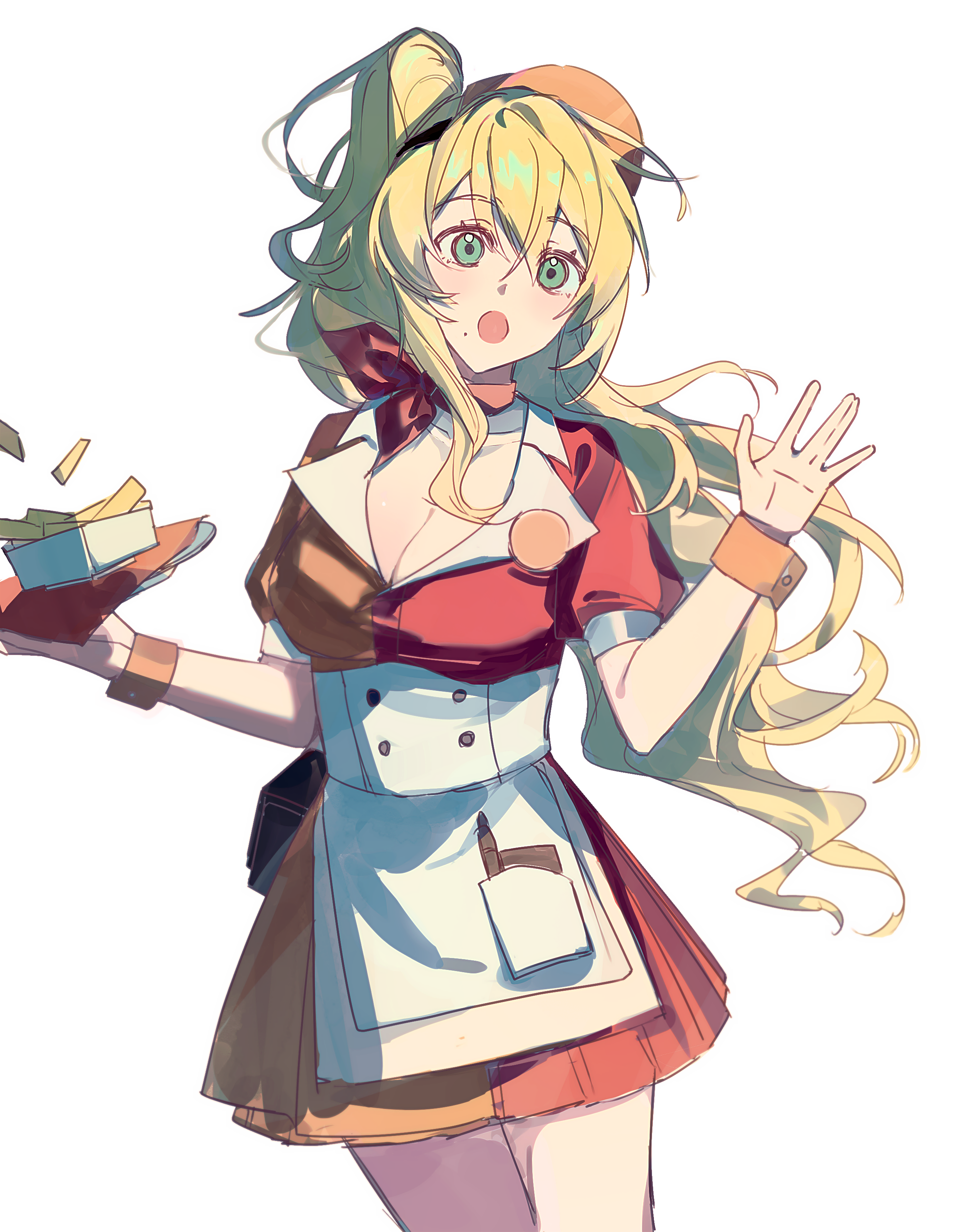 kuailemaoamaomao^o^, echoes of vision, absurdres, chinese commentary, commentary request, highres, 1girl, :o, apron, bandana, bandana around neck, blonde hair, breasts, cleavage, collarbone, cowboy shot, dress, food, french fries, green eyes, hair between eyes, hat, holding, holding plate, lapel pin, lapels, large breasts, long hair, mole, mole under mouth, napkin, notepad, open mouth, orange dress, orange wrist cuffs, pen, plate, red bandana, red dress, red hat, short dress, side ponytail, simple background, solo, standing, thunder ranger (echoes of vision), two-tone dress, visor cap, waitress, wavy hair, white apron, white background, wrist cuffs