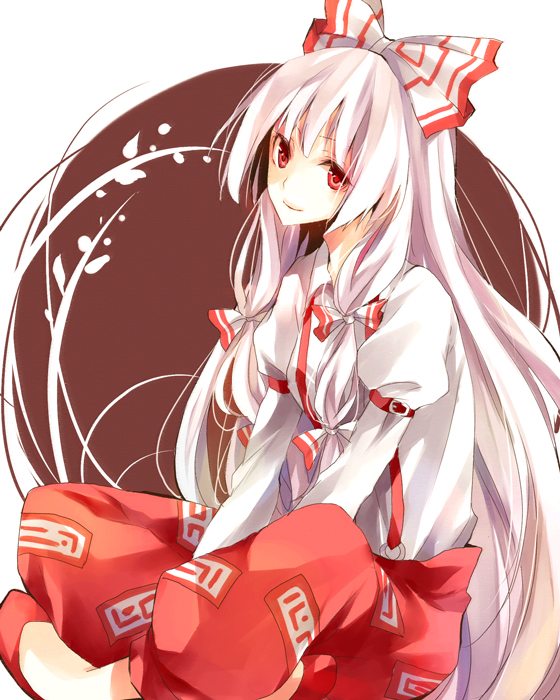 karu, yuzuki karu, fujiwara no mokou, touhou, silver hair, bad id, bad pixiv id, 1girl, female focus, hair ribbon, long hair, red eyes, ribbon, solo, suspenders, very long hair