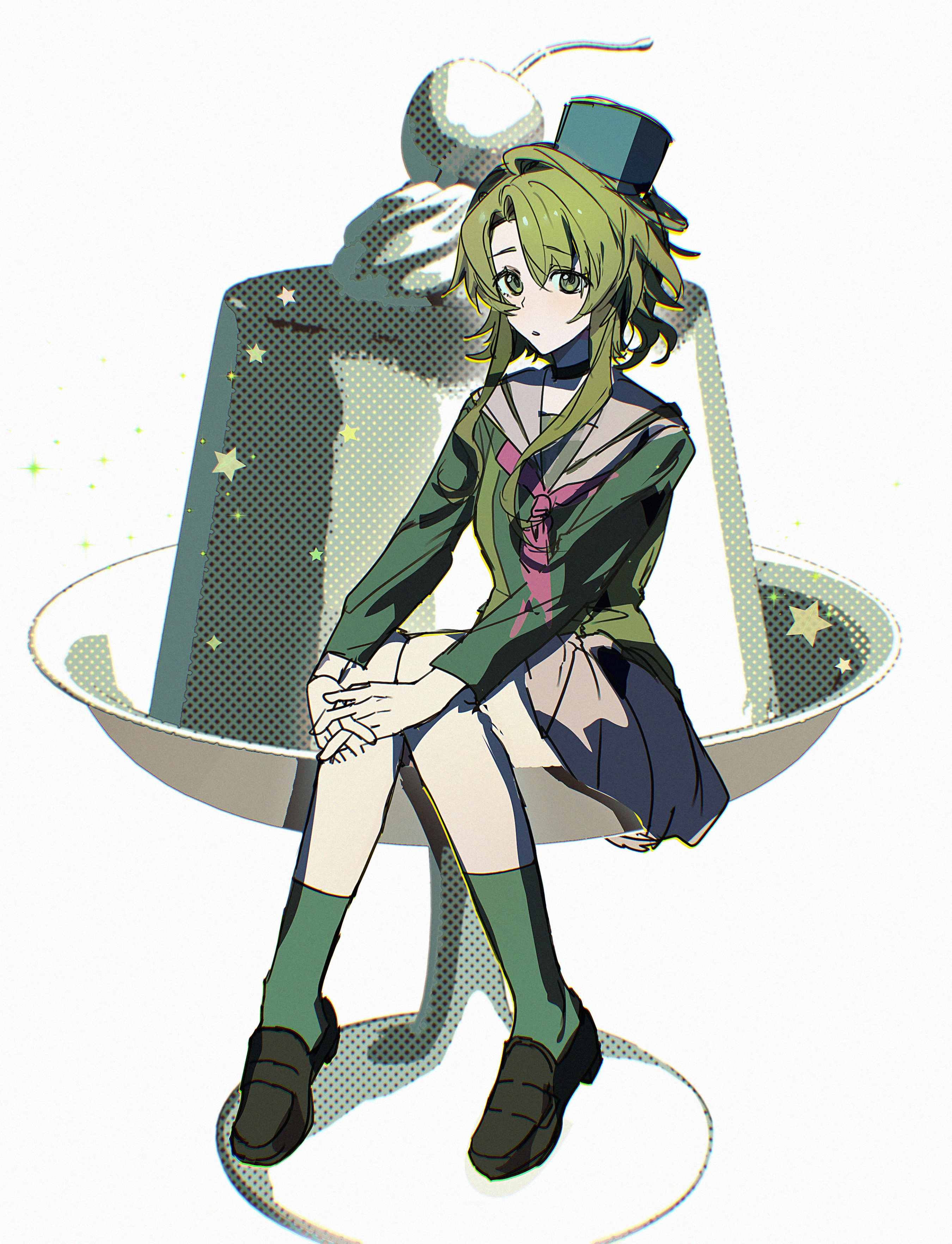 kuailemaoamaomao^o^, kizuchi kanna, kimi ga shine, absurdres, chinese commentary, commentary request, highres, 1girl, black shoes, black skirt, bowl, bucket, bucket on head, cherry, curtained hair, dessert, food, fruit, full body, green eyes, green hair, green shirt, green socks, halftone, loafers, long sleeves, looking at viewer, miniskirt, neckerchief, object on head, parted bangs, parted lips, pink neckerchief, pleated skirt, pudding, sailor collar, school uniform, serafuku, shirt, shoes, short hair with long locks, simple background, sitting, skirt, socks, solo, sparkle, star (symbol), whipped cream, white background, white sailor collar
