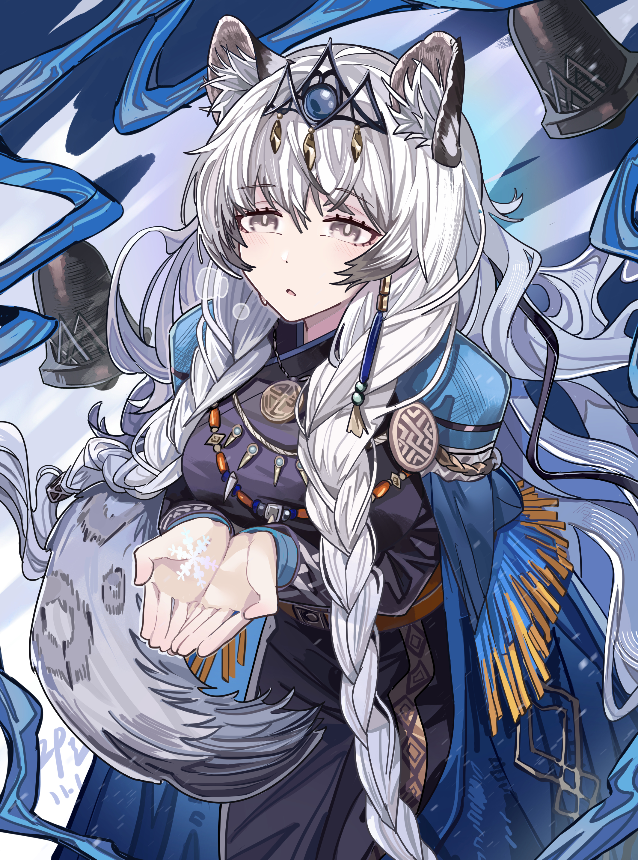 kanshio, pramanix (arknights), pramanix the prerita (arknights), arknights, absurdres, commentary request, highres, 1girl, animal ear fluff, animal ears, bell, black dress, braid, cupping hands, dress, fringe trim, grey eyes, grey hair, hair over shoulder, hands up, leopard ears, leopard girl, leopard tail, long hair, own hands together, parted lips, snowflakes, solo, tail, twin braids, very long hair