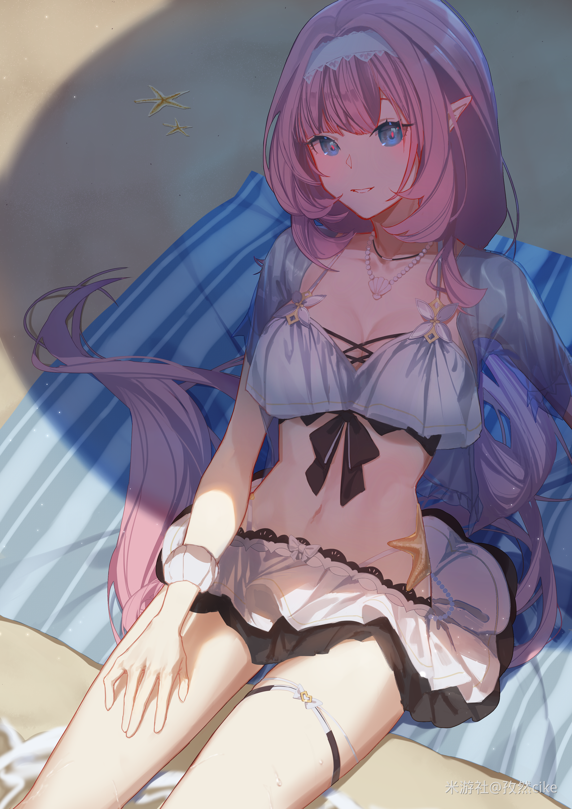 zirancike, elysia (honkai impact), elysia (miss pink elf) (honkai impact), elysia (summer miss elf) (honkai impact), honkai (series), honkai impact 3rd, absurdres, chinese commentary, commentary request, highres, 1girl, beach, bikini, bikini skirt, bracelet, breasts, cleavage, elf, hand on own thigh, headband, jewelry, long hair, medium breasts, miyoushe watermark, necklace, pearl necklace, pink hair, pointy ears, sand, see-through clothes, see-through sleeves, sitting, smile, solo, starfish, summer, swimsuit, thigh strap, watermark, white bikini, white headband