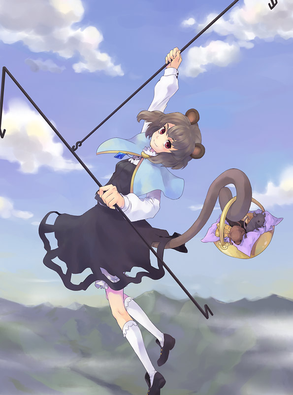 kinuko, kinuko (artist), tomobe kinuko, nazrin, touhou, 1girl, animal ears, basket, female focus, grey eyes, jewelry, mouse (animal), mouse ears, mouse tail, pendant, red eyes, short hair, solo, tail