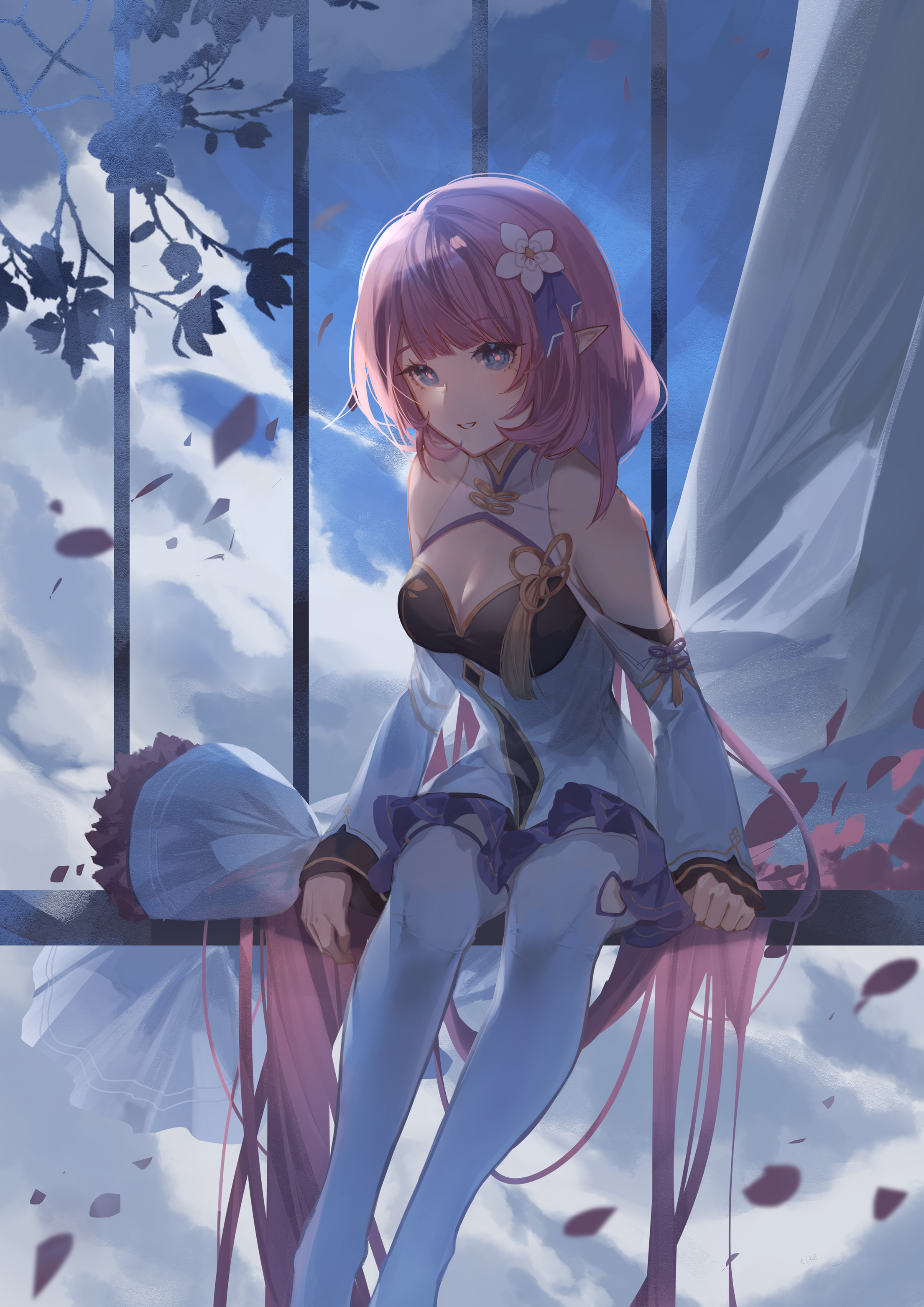 zirancike, elysia (honkai impact), elysia (miss pink elf) (honkai impact), honkai (series), honkai impact 3rd, absurdres, chinese commentary, commentary request, highres, 1girl, :d, blue eyes, blue sky, bouquet, breasts, cloud, cloudy sky, dress, elf, flower, grin, hair flower, hair ornament, long hair, looking at viewer, off-shoulder dress, off shoulder, open mouth, petals, pink flower, pink hair, pointy ears, ponytail, sitting, sky, smile, solo, thighhighs, white dress, white flower, white sleeves, white thighhighs