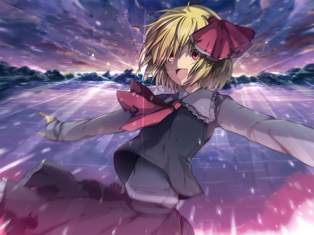 6u (eternal land), kiyu, rumia, embodiment of scarlet devil, touhou, bad id, bad pixiv id, md5 mismatch, 1girl, blonde hair, cloud, cowboy shot, fang, female focus, hair ribbon, light rays, looking at viewer, motion blur, mountain, open mouth, red eyes, ribbon, short hair, solo