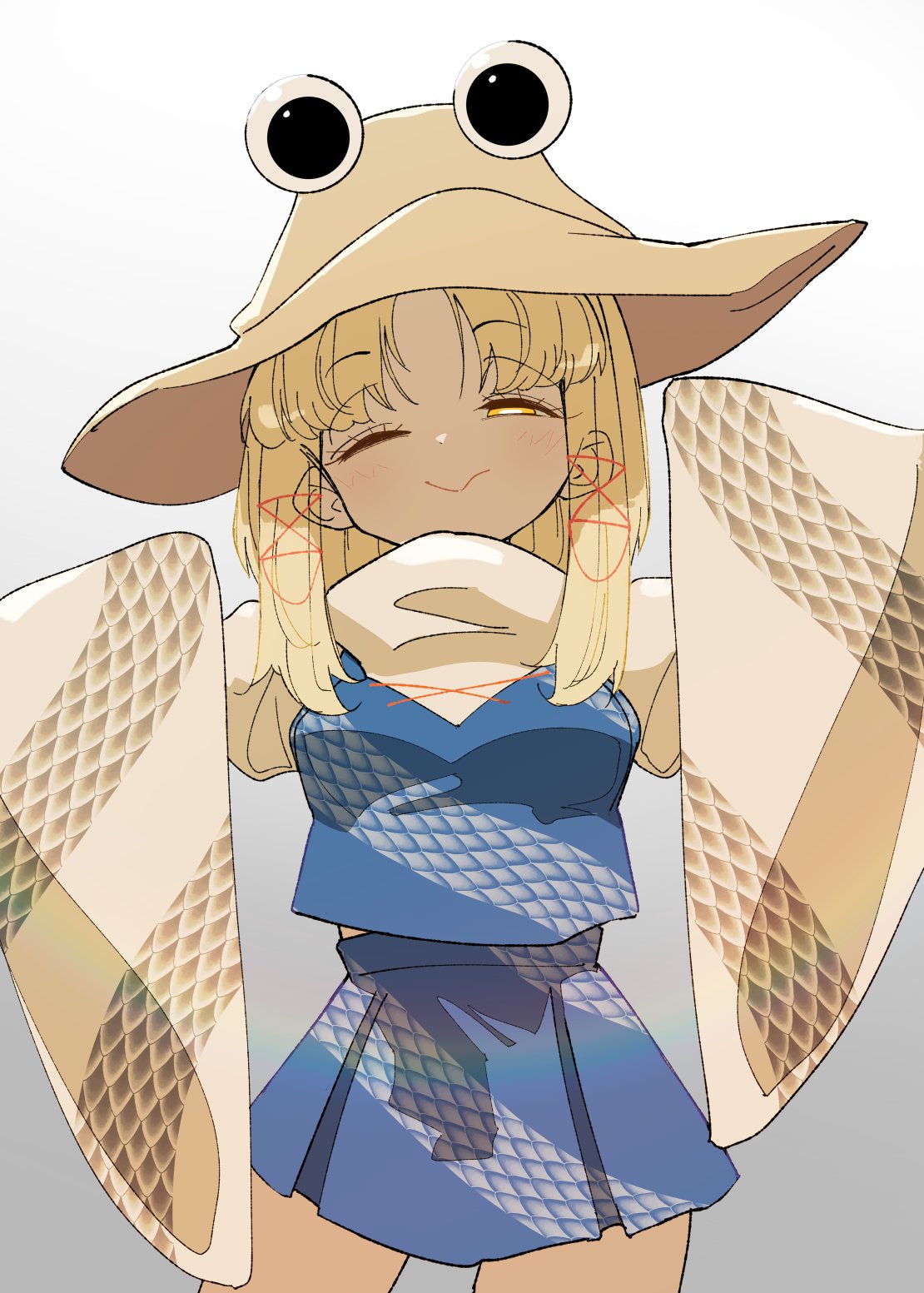 ryouryou, moriya suwako, touhou, commentary request, highres, 1girl, blonde hair, blue shirt, blue skirt, eye on hat, gradient background, grey background, looking at viewer, one eye closed, shirt, skirt, sleeves past fingers, sleeves past wrists, solo, squinting, standing, two-tone background, white background, wide sleeves, yellow eyes