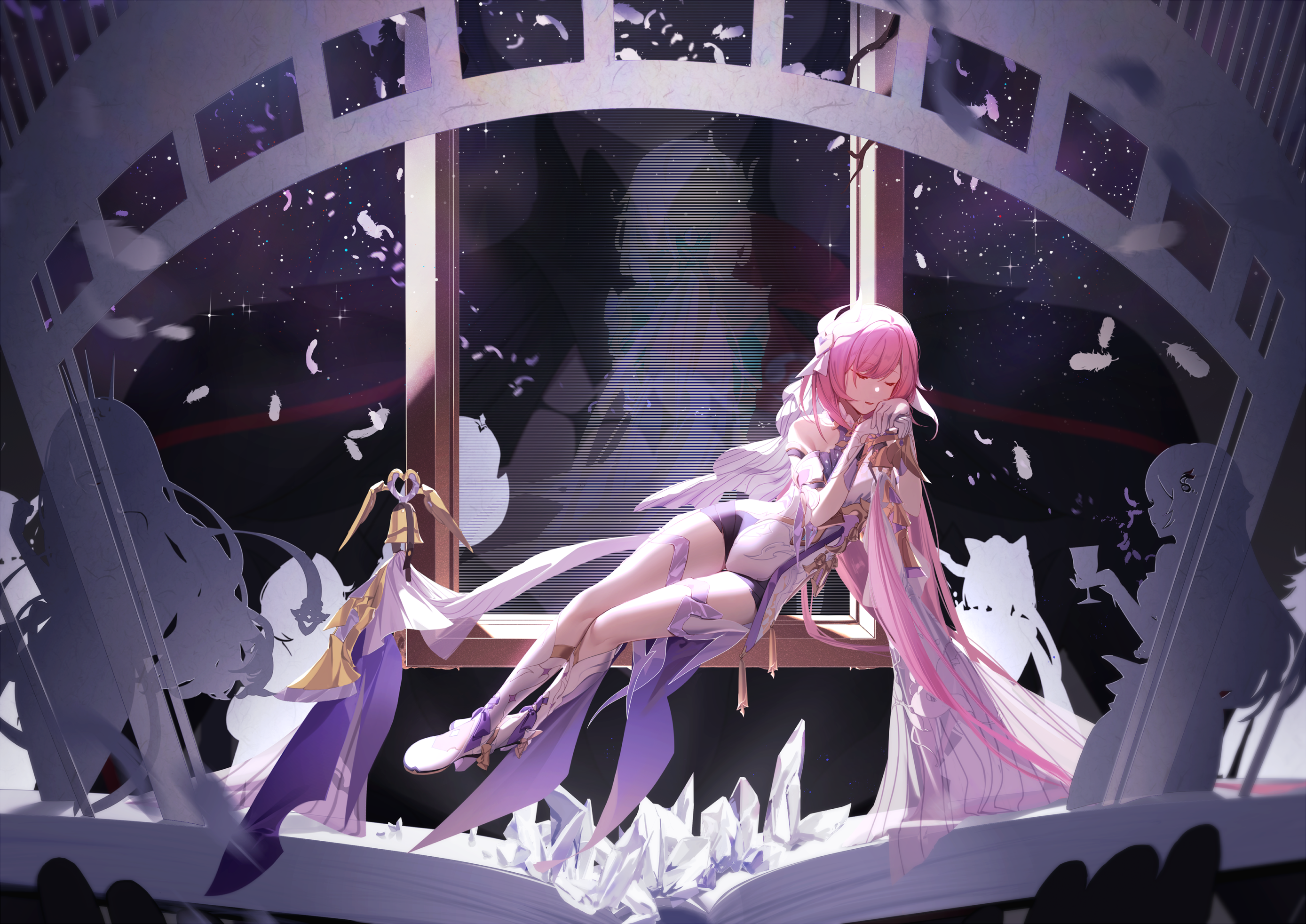 zirancike, eden (honkai impact), elysia (herrscher of human: ego) (honkai impact), elysia (honkai impact), mobius (honkai impact), pardofelis, raiden mei, raiden mei (herrscher of thunder), honkai (series), honkai impact 3rd, chinese commentary, commentary request, highres, bare shoulders, bell, black shorts, book, boots, closed eyes, crystal, cup, drinking glass, elbow gloves, falling feathers, feathers, gloves, hair between eyes, high heel boots, high heels, legs, long hair, open book, pink hair, shirt, short shorts, shorts, sitting, sitting on object, sky, star (sky), starry sky, thigh strap, veil, very long hair, white boots, white gloves, white shirt, white veil, wine glass