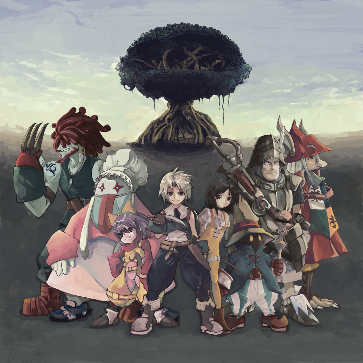 eiko, milcoco, adelbert steiner, amarant coral, black mage (final fantasy), eiko carol, freya crescent, garnet til alexandros xvii, monk (final fantasy), quina quen, steiner, vivi, vivi ornitier, zidane tribal, final fantasy, final fantasy ix, bad id, bad pixiv id, highres, 00s, 3girls, 4boys, blonde hair, bow, brown hair, burmecian, child, everyone, furry, hair bow, hat, horns, knife, monk, multiple boys, multiple girls, night, purple hair, red hair, single horn, smile, staff, sword, tail, tongue, tree, weapon