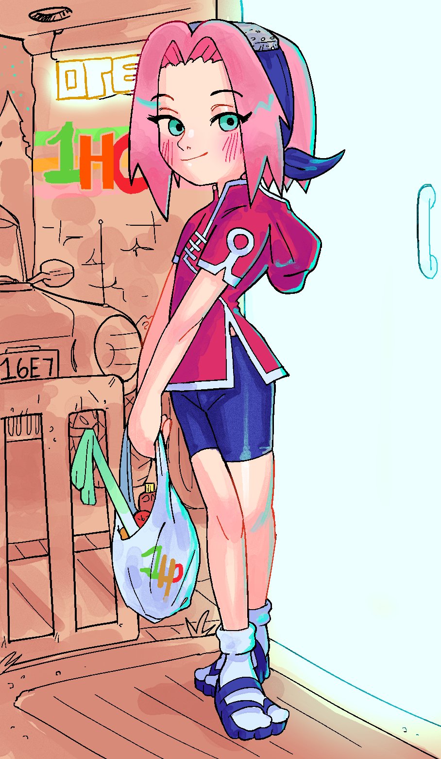 1her0, haruno sakura, naruto (series), commentary, english commentary, highres, 1girl, ankle socks, bag, bike shorts, blush, car, crossed legs, forehead protector, full body, green eyes, groceries, grocery bag, hairband, holding, holding bag, hood, hood down, indoors, looking at viewer, motor vehicle, no sclera, pink hair, plastic bag, red shirt, sandals, shirt, shopping bag, short hair, smile, socks, solo, standing, v arms, watson cross, white socks