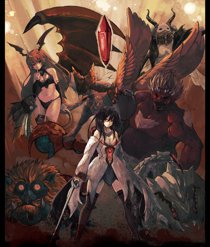 milcoco, succubus (lord of vermilion), lord of vermilion, character request, 2girls, bare shoulders, black hair, boots, breasts, cleavage, crystal, demon, demon girl, detached sleeves, elbow gloves, gloves, jar, long hair, midriff, monster, multiple girls, navel, pointy ears, red eyes, red hair, single wing, sword, tail, thigh boots, thighhighs, weapon, wings