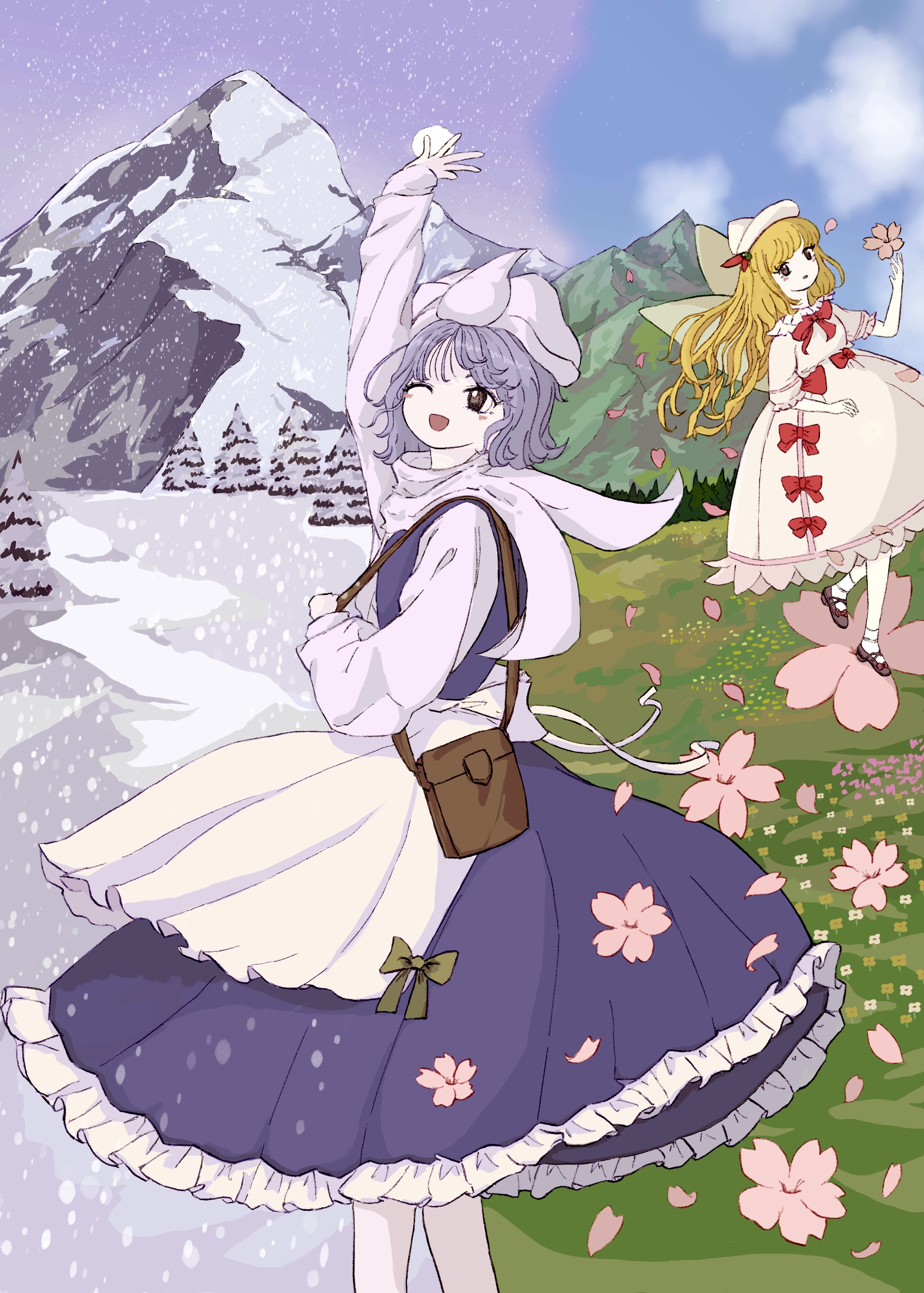 letty whiterock, lily white, perfect cherry blossom, touhou, absurdres, highres, 2girls, :d, apron, arm up, bag, blonde hair, blue dress, blue hair, bow, bowtie, brown shoes, cherry blossoms, dress, dress bow, fairy wings, falling petals, frilled dress, frilled shirt collar, frills, fushianatan, grass, green bow, happy, hat, long hair, long sleeves, mountain, multiple girls, one eye closed, open mouth, petals, pine tree, red bow, red bowtie, scarf, shirt, shoes, short hair, sky, sleeve cuffs, smile, snow, snowing, socks, spring (season), standing, tree, white apron, white dress, white hat, white scarf, white shirt, white socks, wings, winter