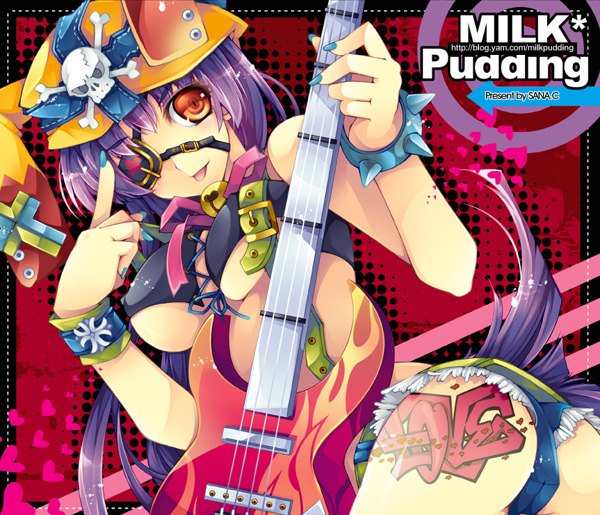 sana.c, original, bad id, bad pixiv id, 1girl, :p, aqua nails, bell, belt, bow, bracelet, breasts, brown eyes, covered erect nipples, eyepatch, female focus, fingernails, guitar, halftone, halftone outline, hat, heart, instrument, jewelry, large breasts, long hair, nail polish, orange eyes, outline, pointing, purple hair, ribbon, short shorts, shorts, skull, smile, solo, spiked bracelet, spikes, tattoo, text tattoo, tongue, tongue out, underboob, wrist cuffs