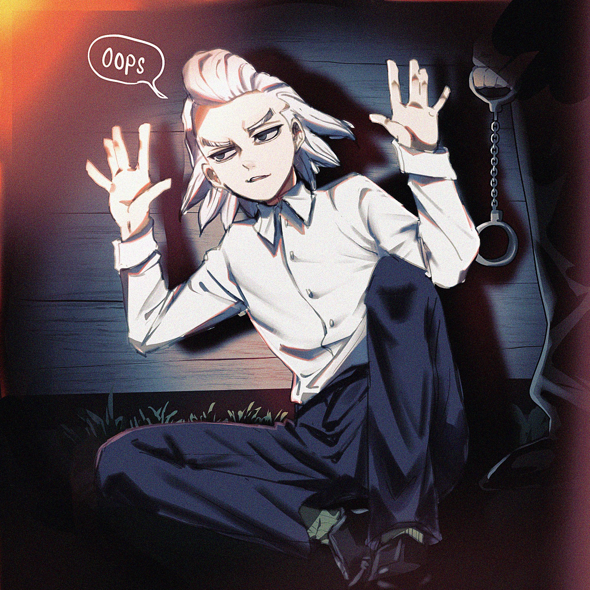 dr. stone, highres, 2boys, against wall, black eyes, black pants, blue pants, buttons, collared shirt, cuffs, dress shirt, grass, grey eyes, hair slicked back, handcuffs, hands up, hiding, holding, knee up, long sleeves, male focus, medium hair, multiple boys, on ground, open mouth, oyasumi731z, pants, shirt, shoes, short hair, sitting, solo focus, speech bubble, teeth, white hair, white shirt, xeno (dr.stone)