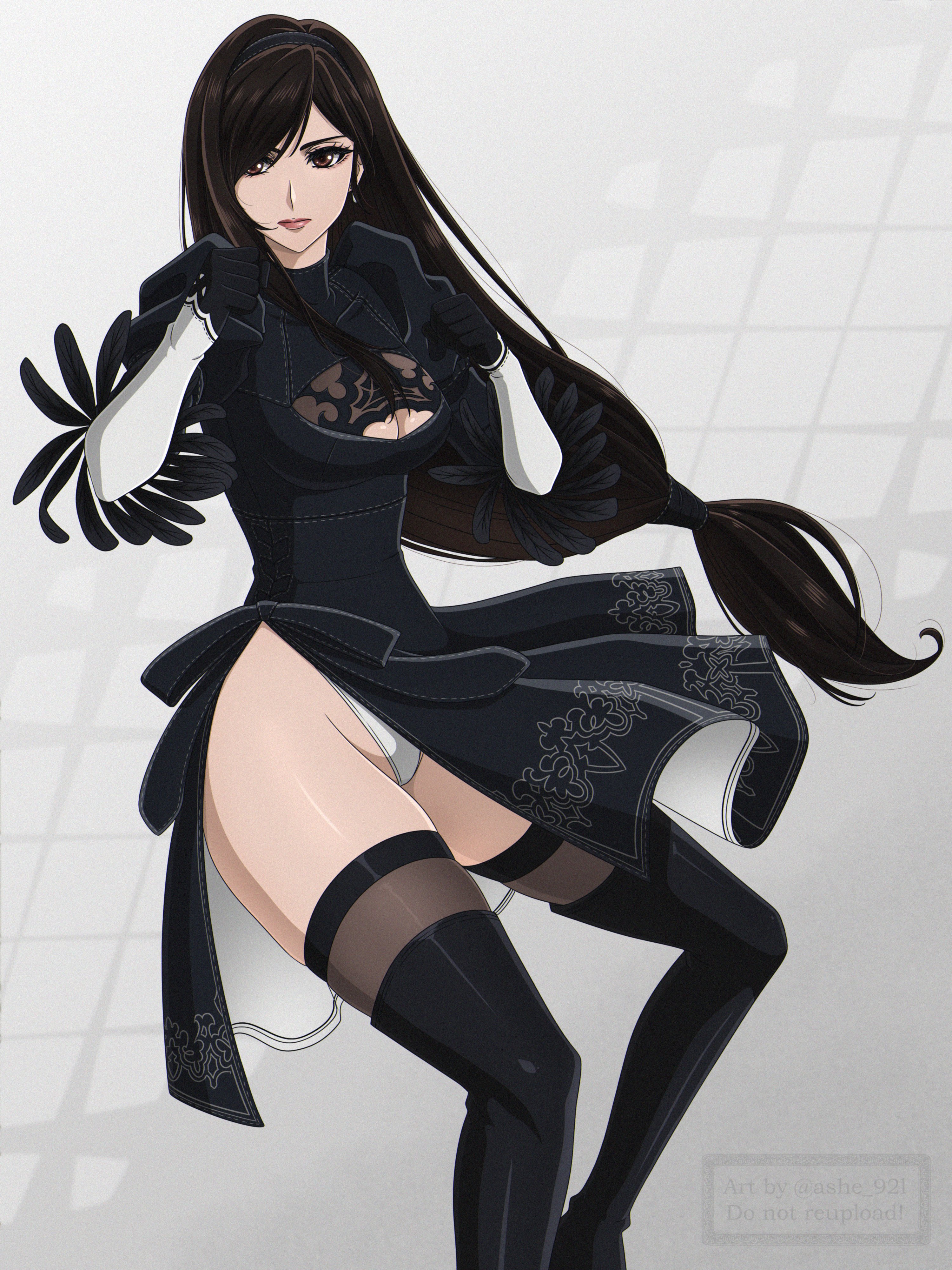 shirl geem, 2b (nier:automata), tifa lockhart, final fantasy, final fantasy vii, final fantasy vii: ever crisis, nier:automata, nier (series), absurdres, highres, 1girl, 2b (nier:automata) (cosplay), black boots, black dress, black gloves, black hair, black hairband, boots, breasts, brown eyes, brown hair, cleavage, cleavage cutout, clenched hands, closed mouth, clothing cutout, company connection, cosplay, dress, earrings, eyelashes, feather-trimmed sleeves, feet out of frame, fighting stance, gloves, hairband, jewelry, juliet sleeves, large breasts, leotard, leotard under clothes, lips, long hair, long sleeves, looking at viewer, low-tied long hair, official alternate costume, pink lips, puffy sleeves, side slit, single earring, solo, swept bangs, thigh boots, thighhighs, thighhighs under boots, thighs, turtleneck, turtleneck dress, white leotard