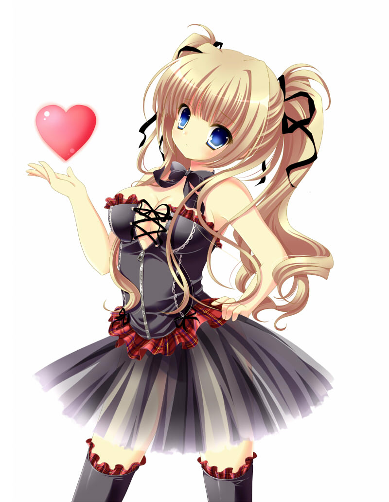 kino (kino konomi), kino konomi, original, 1girl, blonde hair, blue eyes, breasts, cleavage, female focus, gothic lolita, heart, lolita fashion, ribbon, simple background, solo, thighhighs, twintails, zettai ryouiki