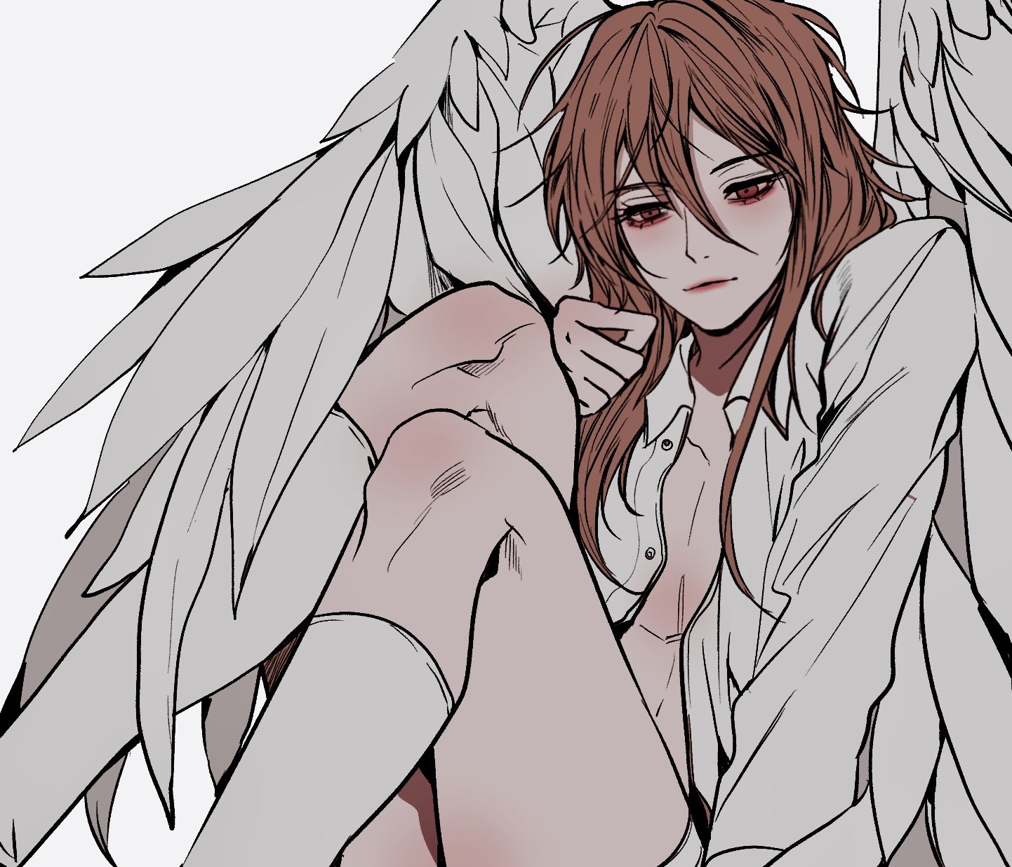 angel devil (chainsaw man), chainsaw man, commentary request, highres, korean commentary, 1boy, angel, angel wings, closed mouth, collared shirt, feathered wings, hair between eyes, kneehighs, knees up, long hair, looking at viewer, male focus, memon0te, open clothes, open shirt, shirt, simple background, sitting, socks, solo, unbuttoned, white background, white shirt, white socks, white wings, wings