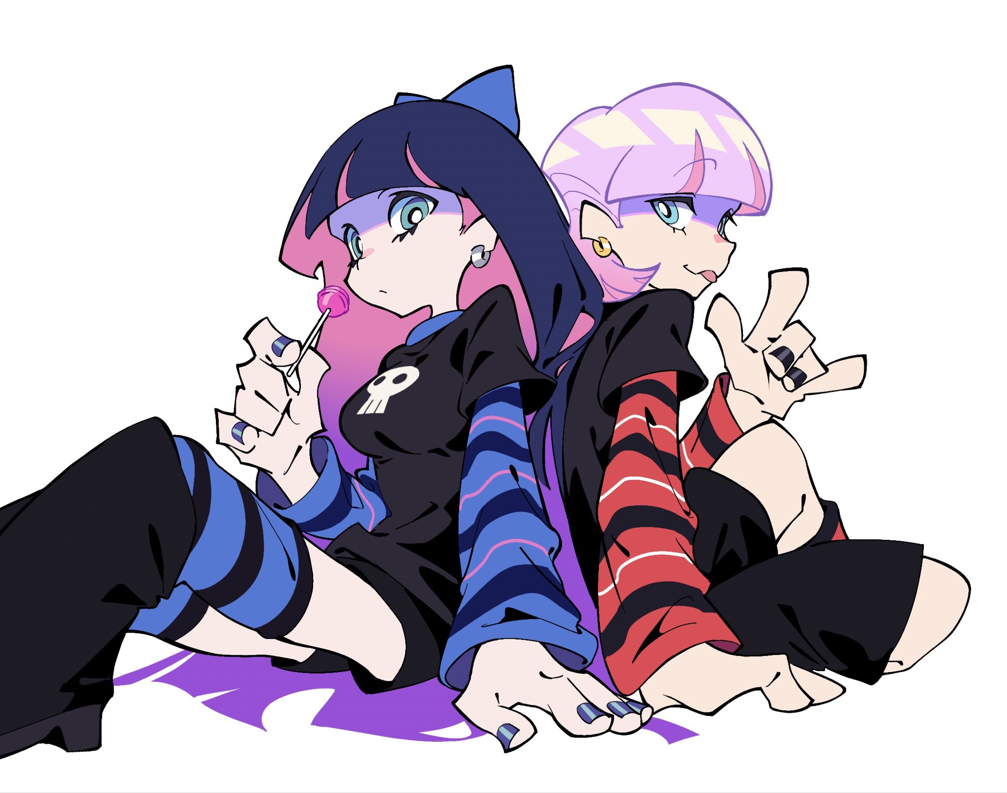 polyurethane (psg), stocking (psg), panty & stocking with garterbelt, highres, 1boy, 1girl, alternate costume, arm support, bb zatta, black leg warmers, black nails, black shirt, blue bow, blue eyes, blunt bangs, bow, breasts, candy, colored inner hair, earrings, food, gold earrings, gradient hair, hair bow, holding, holding candy, holding food, jewelry, leg warmers, long hair, looking at viewer, multicolored hair, nail polish, on floor, pink hair, purple hair, shirt, short hair, silver earrings, sitting, skull print, striped clothes, striped sleeves, striped thighhighs, thighhighs, tongue, tongue out, two-tone hair, white background