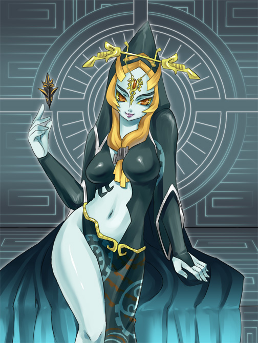 anma, midna, midna (true), nintendo, the legend of zelda, the legend of zelda: twilight princess, spoilers, blue skin, colored skin, jewelry, long hair, orange hair, red eyes, smile, solo