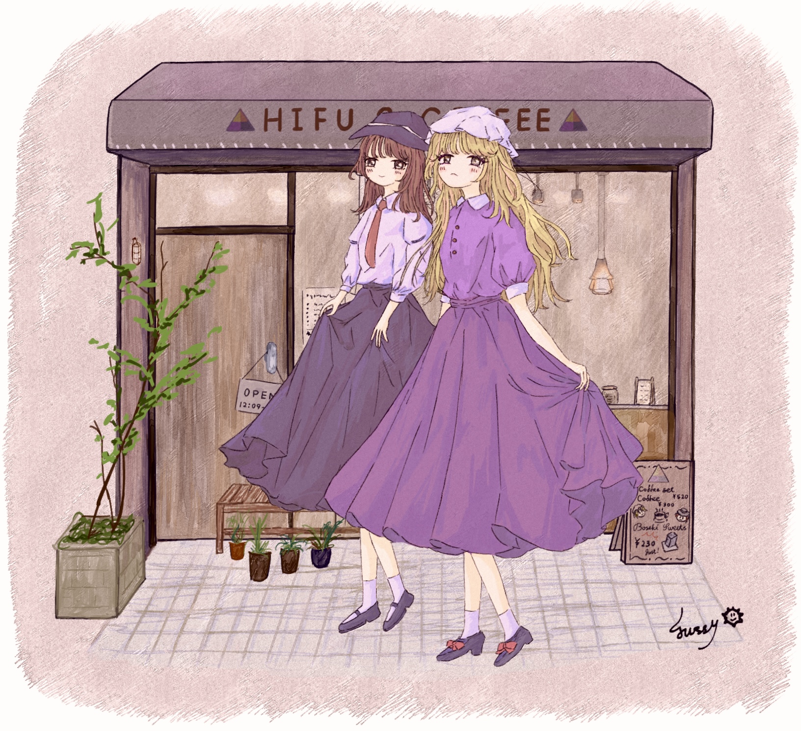 maribel hearn, usami renko, touhou, highres, 2girls, black hat, black shoes, black skirt, blonde hair, bow, brown eyes, brown hair, buttons, cafe, closed mouth, clothes lift, collared shirt, contrast collar, footwear bow, frown, fushianatan, hat, hat bow, high heels, long hair, long sleeves, looking at viewer, mary janes, medium hair, menu board, mob cap, multiple girls, necktie, outdoors, plant, potted plant, puffy sleeves, purple eyes, purple shirt, purple skirt, red necktie, shirt, shirt tucked in, shoes, signature, skirt, skirt lift, sleeve cuffs, sleeve garter, smile, socks, white hat, white socks