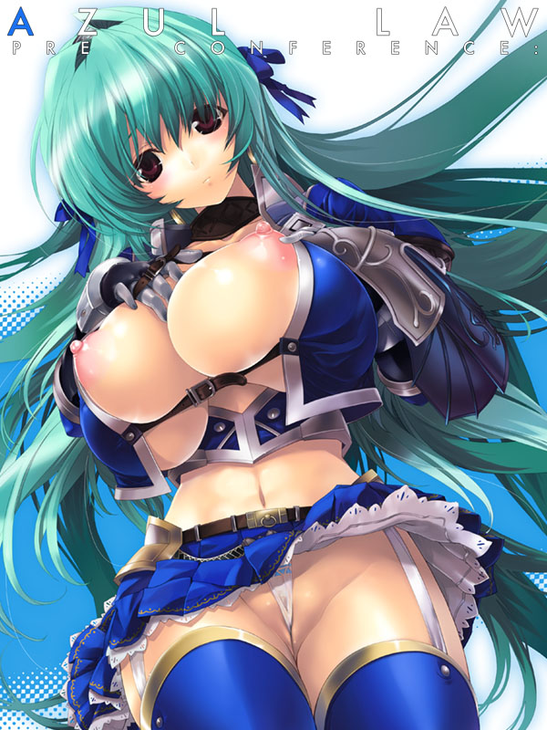 miwa yoshikazu, capcom, monster hunter (series), monster hunter frontier, 1girl, aqua hair, armor, azure (armor), belt bra, blue thighhighs, blush, breast suppress, breasts, bursting breasts, cleavage, female focus, garter belt, green hair, hair ribbon, huge breasts, long hair, midriff, navel, nipples, panties, pleated skirt, purple eyes, ribbon, skirt, solo, thighhighs, underwear, upskirt, wedgie, white panties