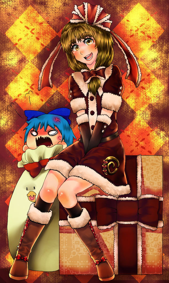 koufukutei yumeko, yumeko (artist), cirno, kagiyama hina, touhou, 2girls, blue hair, boots, bow, christmas, front ponytail, gift, gloves, green hair, hair bow, hair ribbon, holding, holding gift, multiple girls, ribbon, short hair, yellow eyes