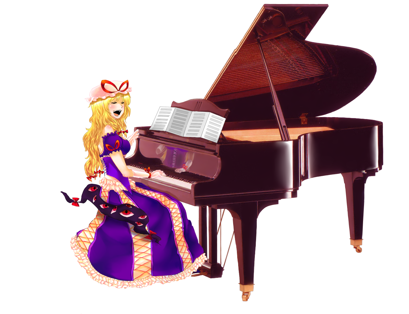 koufukutei yumeko, yumeko (artist), yakumo yukari, touhou, 1girl, blonde hair, female focus, gap (touhou), gloves, grand piano, hair ribbon, hat, instrument, long hair, piano, ribbon, solo