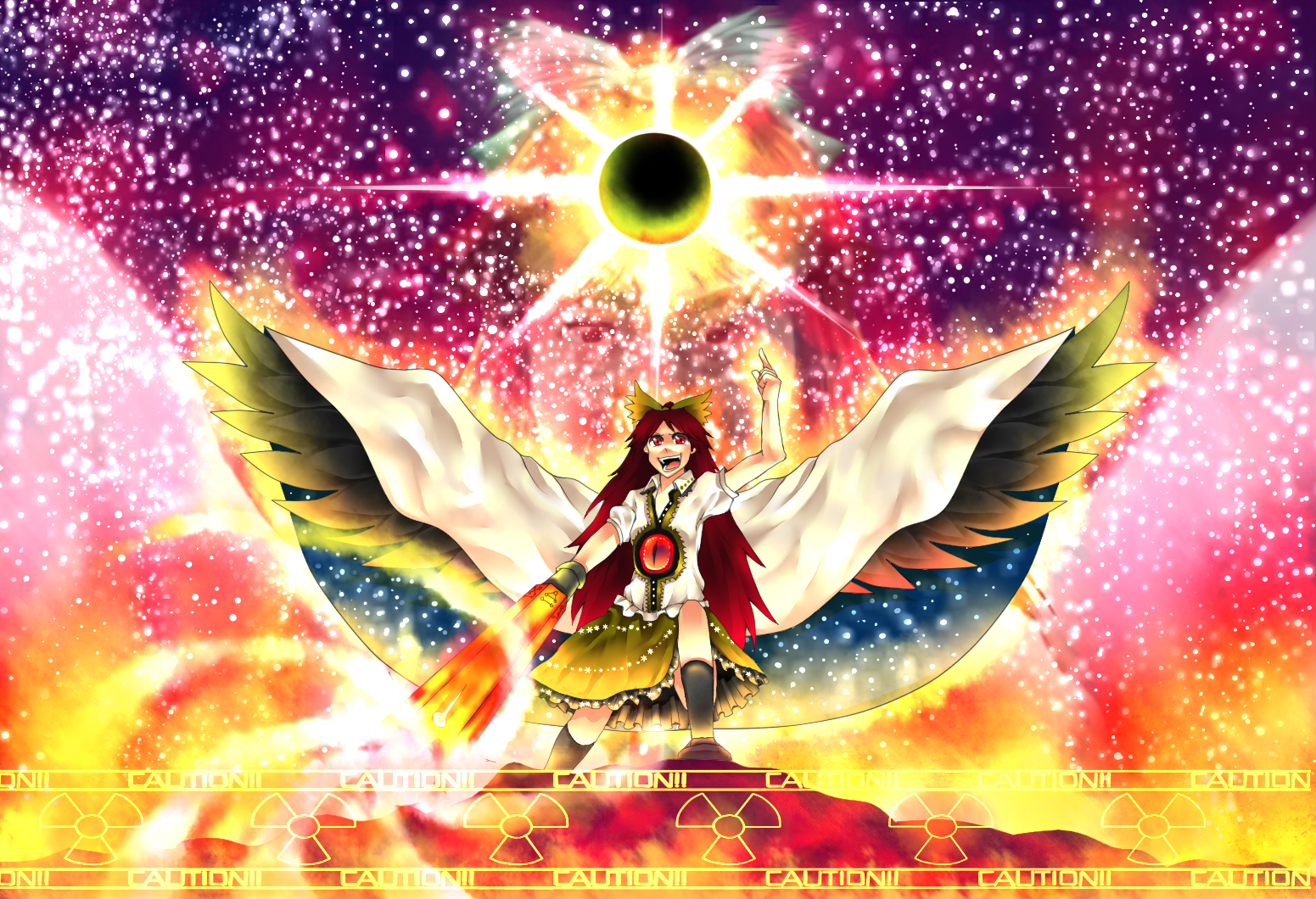 koufukutei yumeko, yumeko (artist), reiuji utsuho, touhou, 1girl, black wings, brown hair, female focus, long hair, red eyes, solo, wings